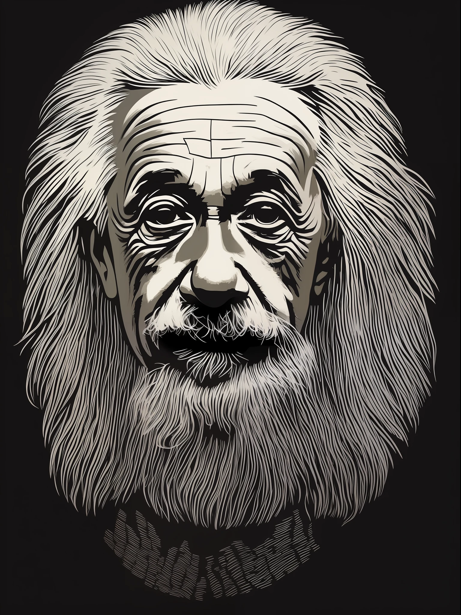 albert einstein, t-shirt art, 2D, ((black background :1, 5)), vector, vivid colors, masterpiece, best quality, intricate details, perfect symmetrical face, realistic details, gothic theme, rim light, moonlight, cinematic shading, Greg Rutkowisk