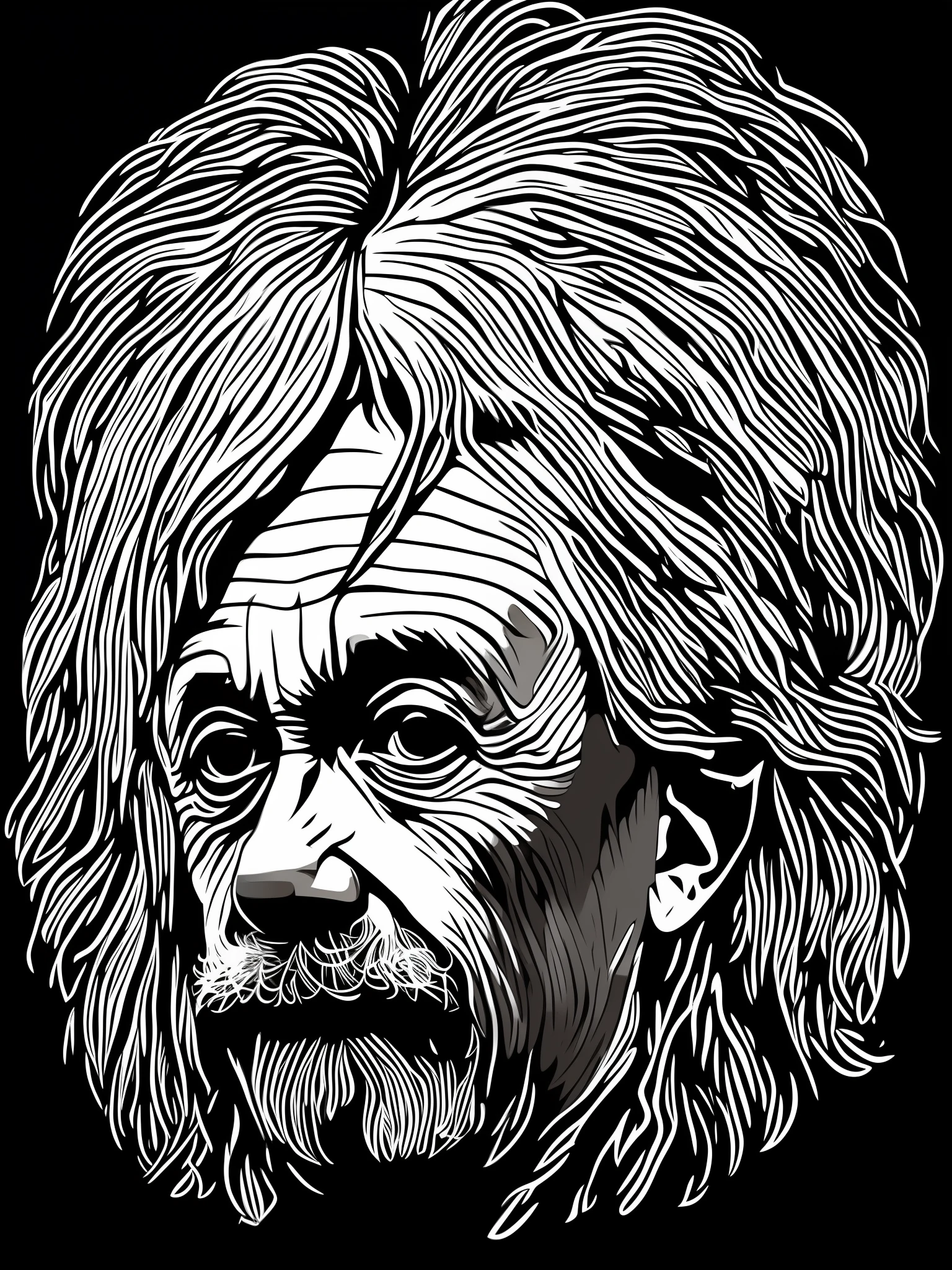 albert einstein, t-shirt art, 2D, ((black background :1, 5)), vector, vivid colors, masterpiece, best quality, intricate details, perfect symmetrical face, realistic details, gothic theme, rim light, moonlight, cinematic shading, Greg Rutkowisk