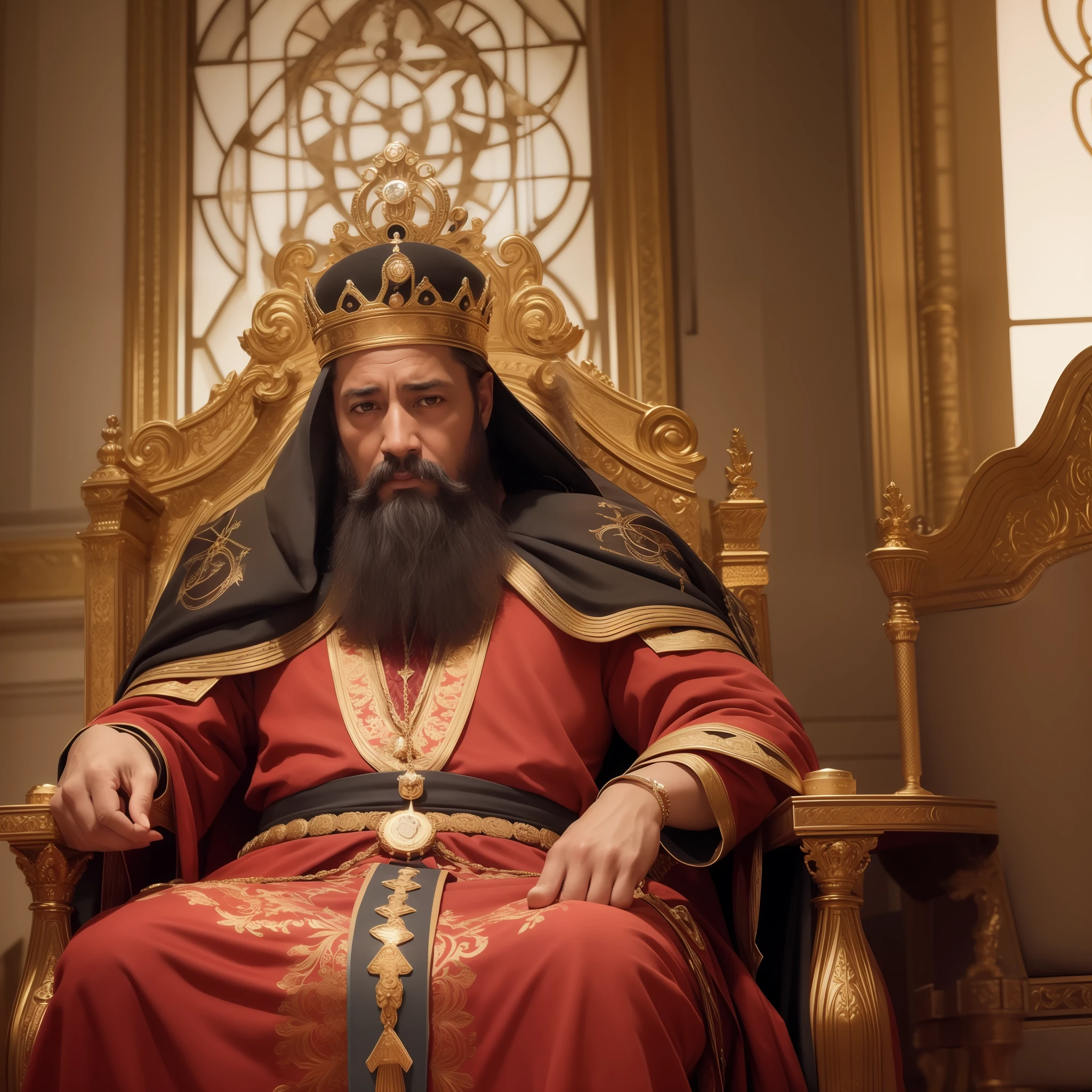 KING Solomon. sitting on his throne with subjects in front of him, obra-prima, melhor qualidade, Textura 8K, altamente detalhados, realista, soft Cinematic Light, HDR, foco nítido, obra-prima, fotorrealista, fotografia premiada, Canon EOS R5, 35 mm.