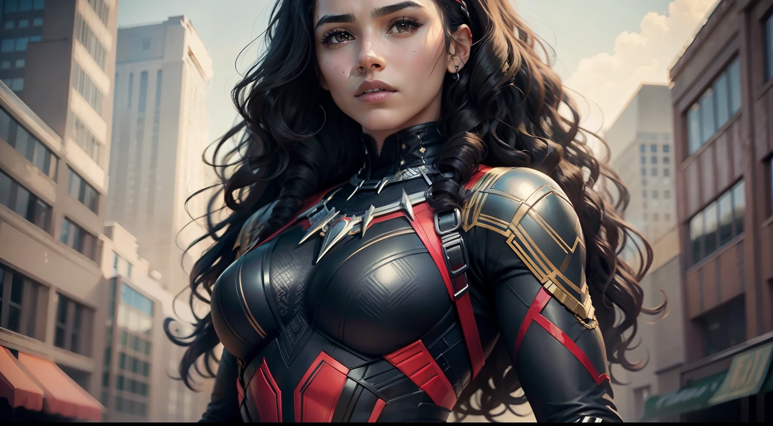 HD masterpiece, curly hair wavy hair, Mexican Hispanic female, wearing black panther, suit, red and black design suit, marvel, MCU.