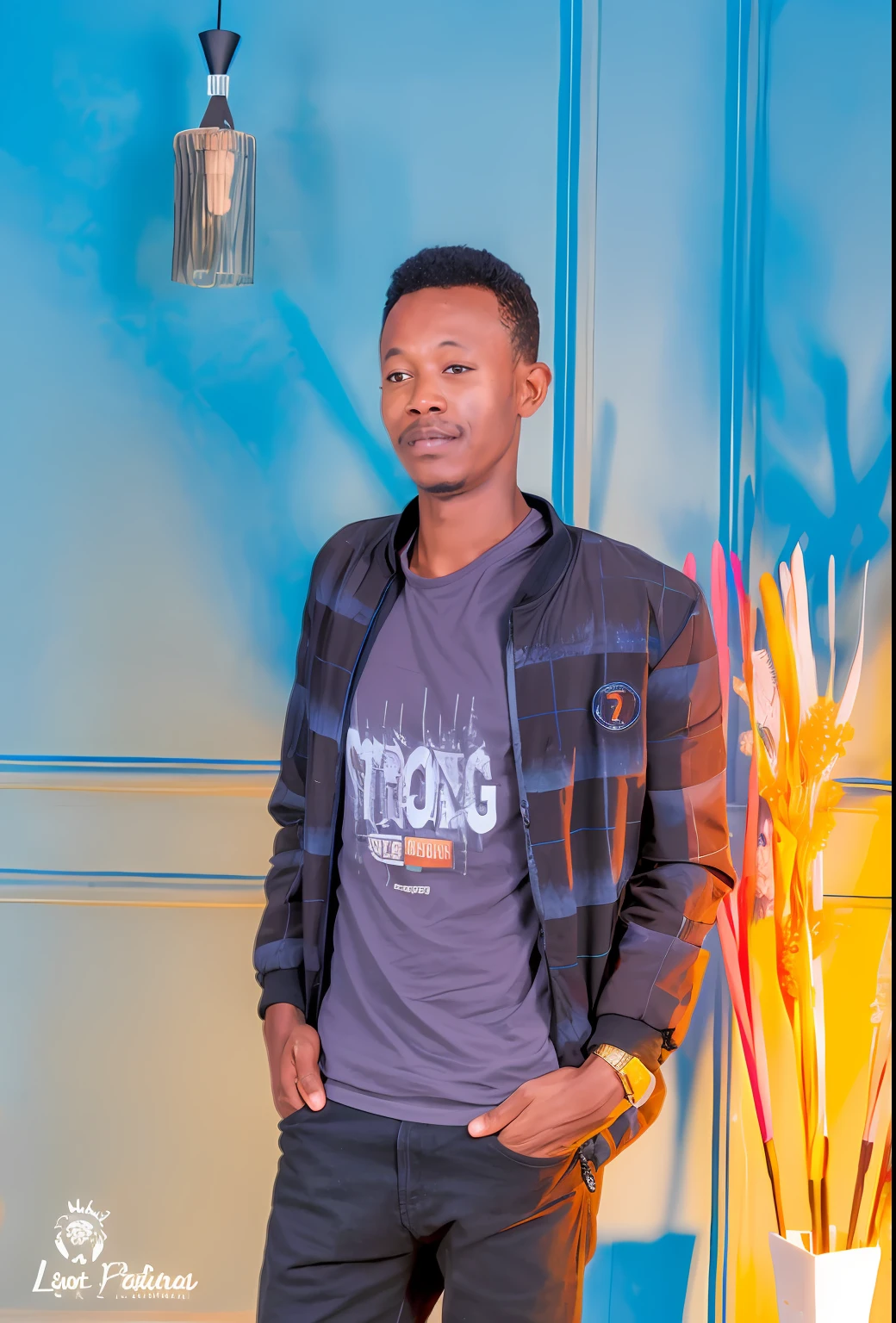 there is a man standing in front of a blue wall, hi mark ( akwaaba tommy ), george pemba, mohamed chahin, emmanuel shiru, absolutely outstanding image, by Ingrida Kadaka, album art, victor ngai, strong contrasts, strong young man, portait image, osborne macharia, photo portrait
