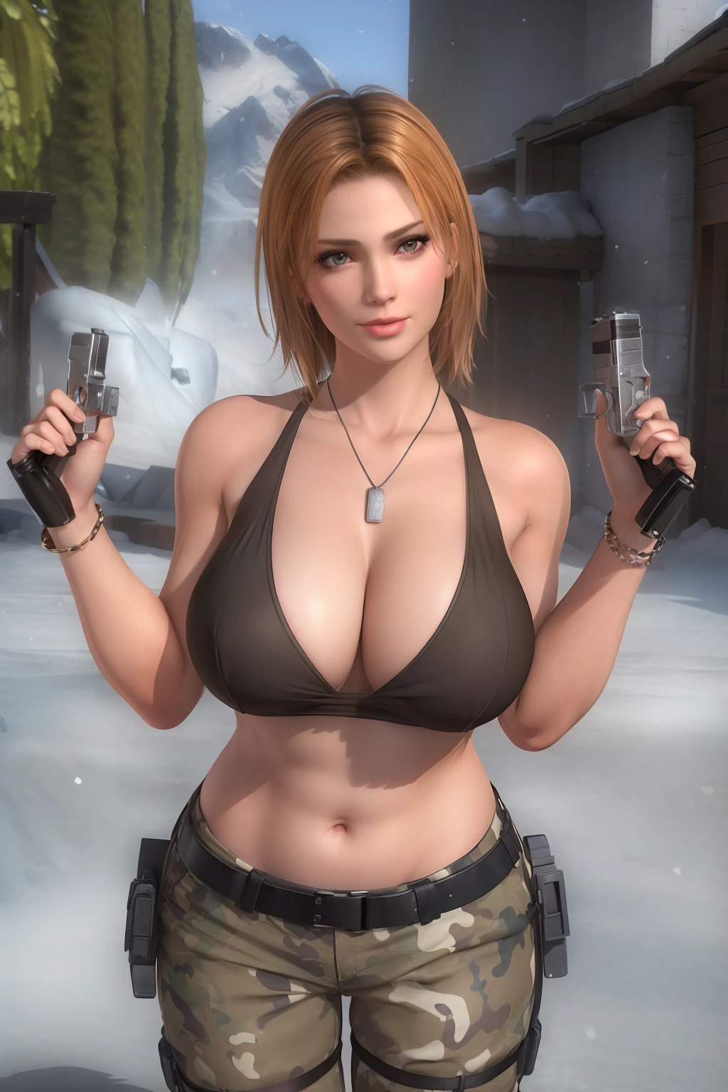 (day:1.7), standing in front of a snow covered mountain, winter,(close-Up),
Standing,(holding_guns:1.5),(hands_up:1.4), handgun, pistol,
bare_arms, bare_shoulders,collarbone, dog_tags,tank_top,camouflage_pants, combat_boots, gloves,
jewelry, midriff, necklace, pendant, upper_body,
brown_hair,brown_eyes, short_hair,
1 girl, 20yo,mature female,Beautiful Finger,Beautiful long legs,Beautiful body,Beautiful Nose,Beautiful character design, perfect eyes, perfect face,
looking at viewer,(light_smile:0.3),(Closed_mouth),
NSFW,official art,extremely detailed CG unity 8k wallpaper, perfect lighting,Colorful, Bright_Front_face_Lighting,
(masterpiece:1.0),(best_quality:1.0), ultra high res,4K,ultra-detailed,
photography, 8K, HDR, highres, absurdres:1.2, Kodak portra 400, film grain, blurry background, bokeh:1.2, lens flare, (vibrant_color:1.2)
(Beautiful,large_Breasts:1.4), (beautiful_face:1.5),(narrow_waist), nsfw