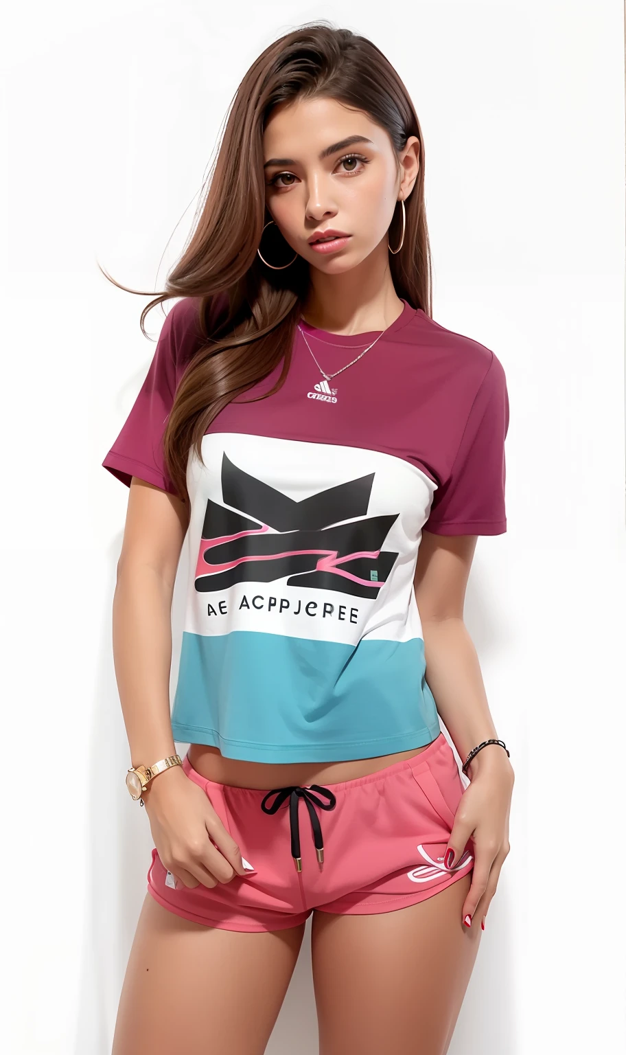 mulher arafed em uma camisa crop top rosa e shorts rosa apertado, camiseta crop top, Tees crop top, barriga de fora, barriga lisa, barriga a mostra, retrato frontal de mulher, foto altamente realista, inspirado em Elke Vogelsang, muito na moda, roupas esportivas fofas, foto de retrato, foto realista, Directed by: Eva Švankmajerová, she is wearing streetwear, imagem oficial do produto, graphic print quality, medium poly