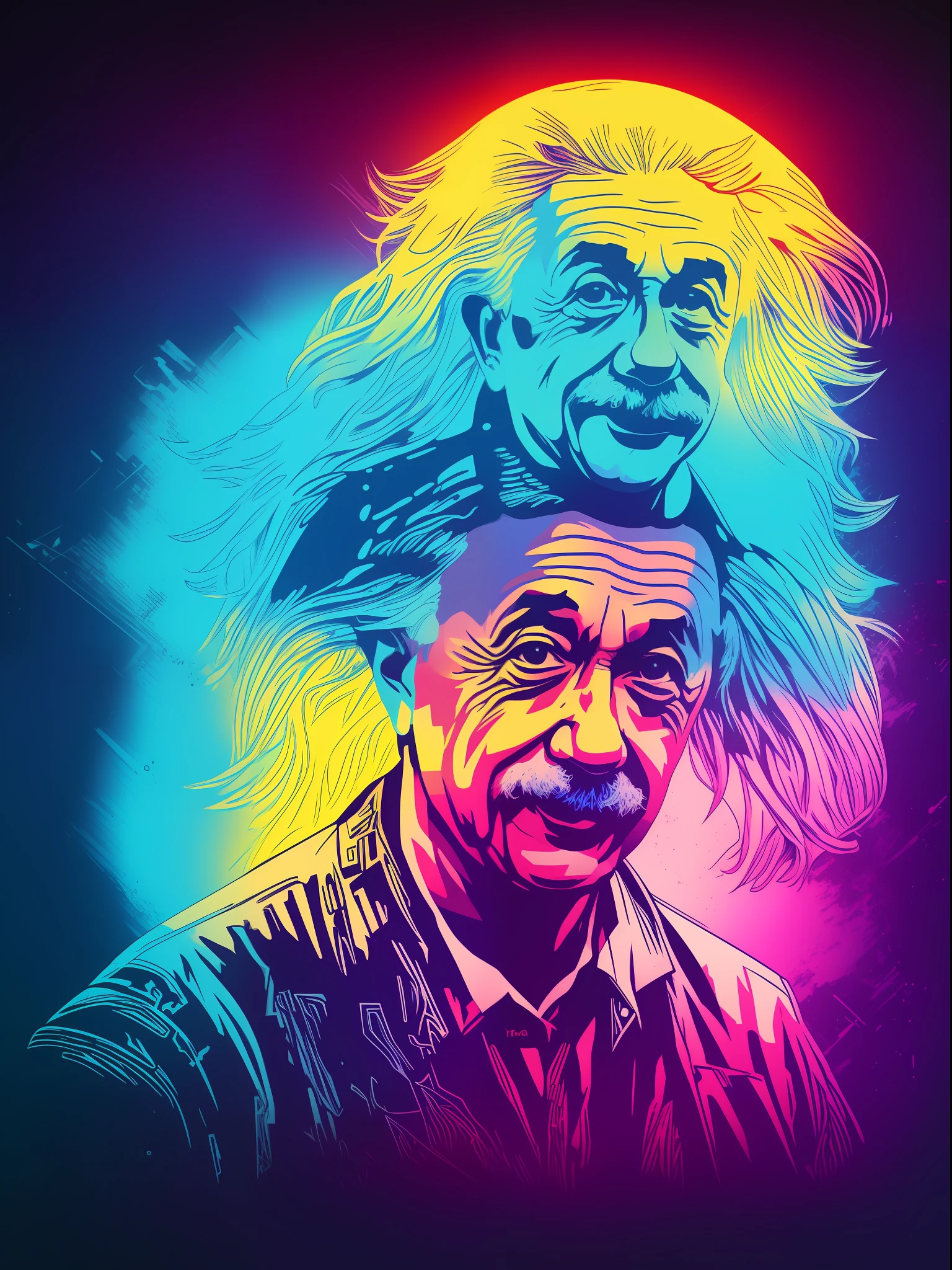 albert einstein, 2D t-shirt art, Cyberpunk, epic illustration, vector, 2d illustration, black background, very colorful, full gradient modern colors, Focused, front view