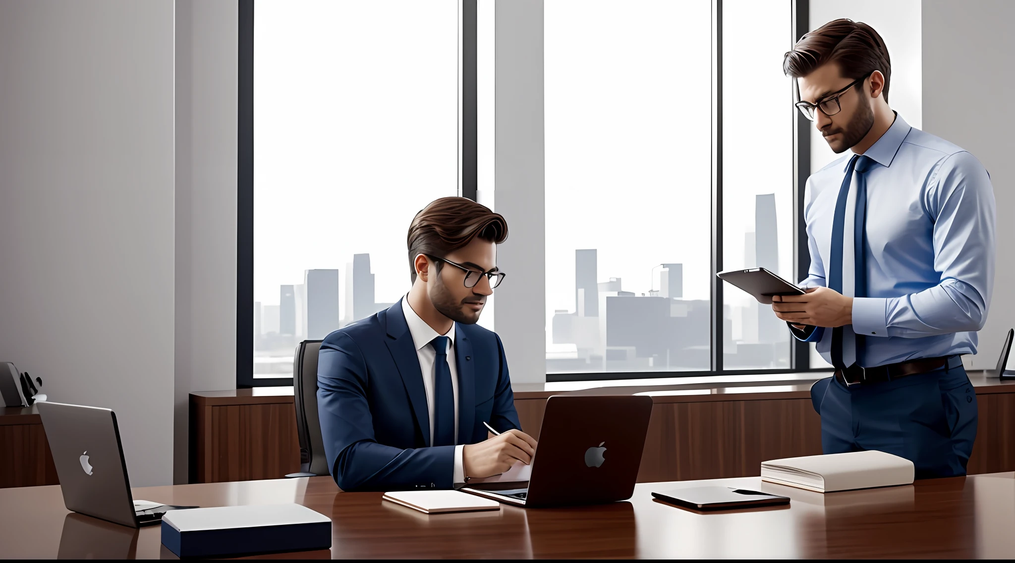 Person in formal clothes, extremely productive, sitting in an office with desk, apple notebook, coffee, realistic, ultra-realistic, masterpiece, 8k, masterpiece, sharp, beautiful, real, beautiful, clear