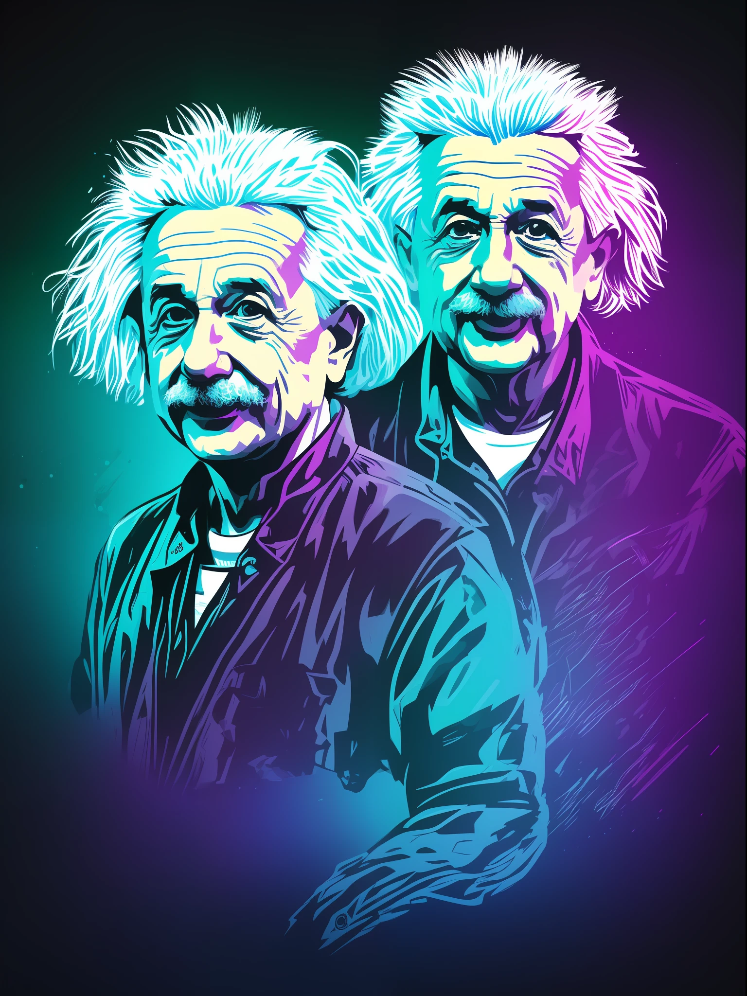 albert einstein, 2D t-shirt art, Cyberpunk, epic illustration, vector, 2d illustration, black background, very colorful, full gradient modern colors, Focused, front view