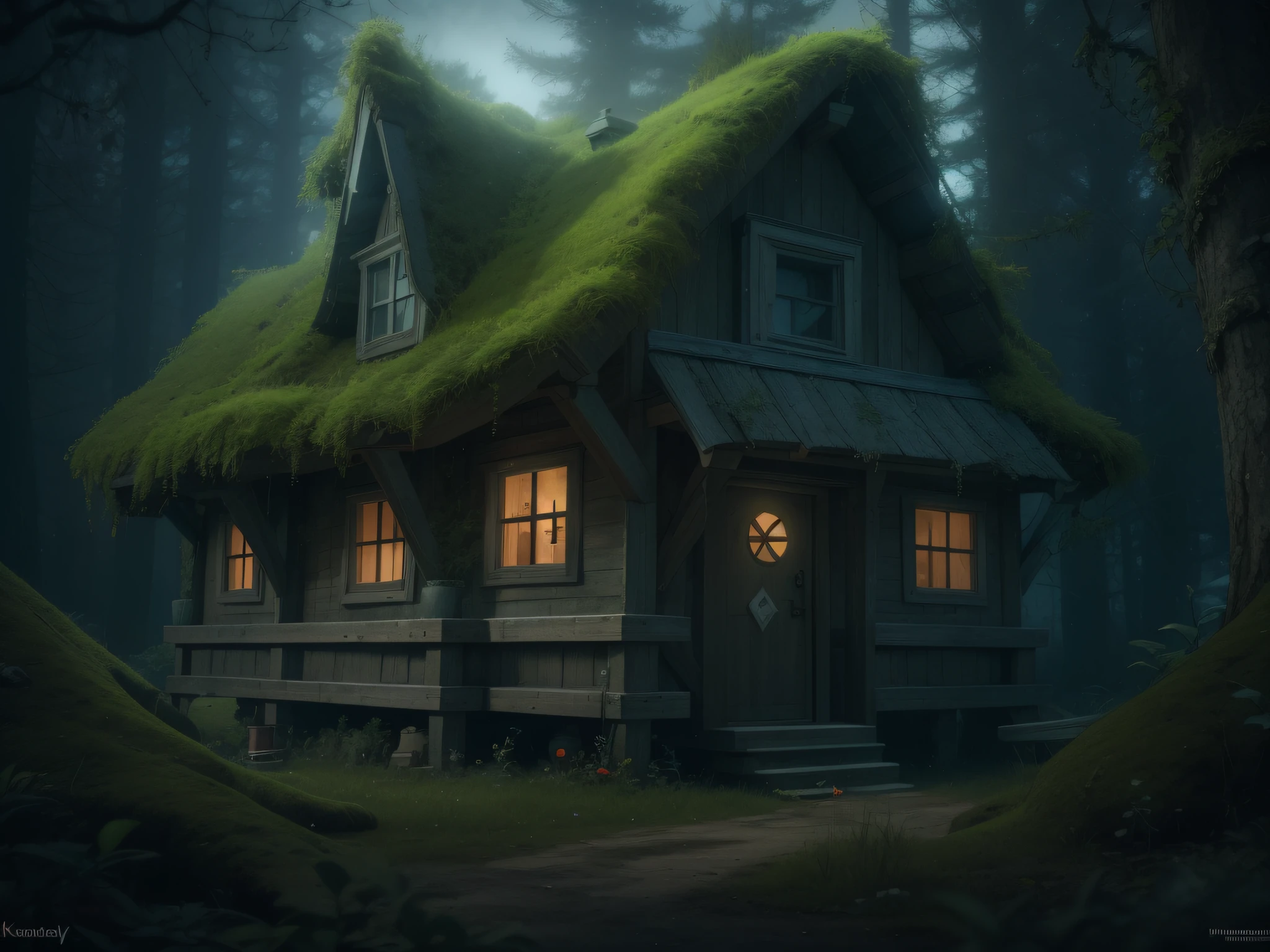 A small house with a face stands in the forest;, Witch's cottage in the forest, Witch's hut, Frame from an animated horror film, House in the forest, Alexander Jansson Style, Photorealistic dark concept art, Alexander Kobzdey, 3D rendering and matte painting, Tomas Jedrushek, in a Tim Burton movie