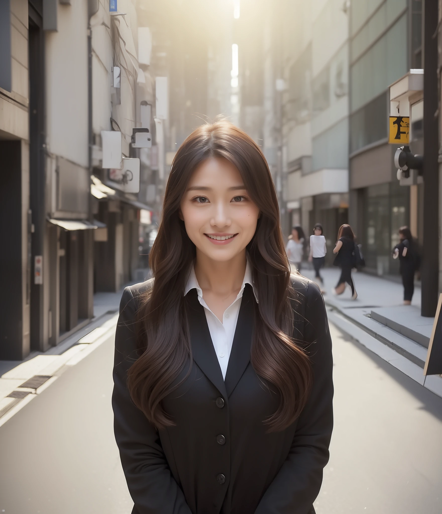 ((top-quality、8K、masterpiece:1.3))、foco nítido:1.2、Perfect Body Beauty:1.4、Slim abs:1.2、((Dark brown long hair、Colossal tits:1.1))、(natural soft light、street corner:1.2)、Highly detailed facial and skin texture、A detailed eye、(二重まぶた)、(((dynamic ungle))),Streets of Tokyo、Silver thin necklace、drooing eyes、Smiling、White blouses、White button shirt、Gentle expression、Beautie、Wavy hair、japanese gal