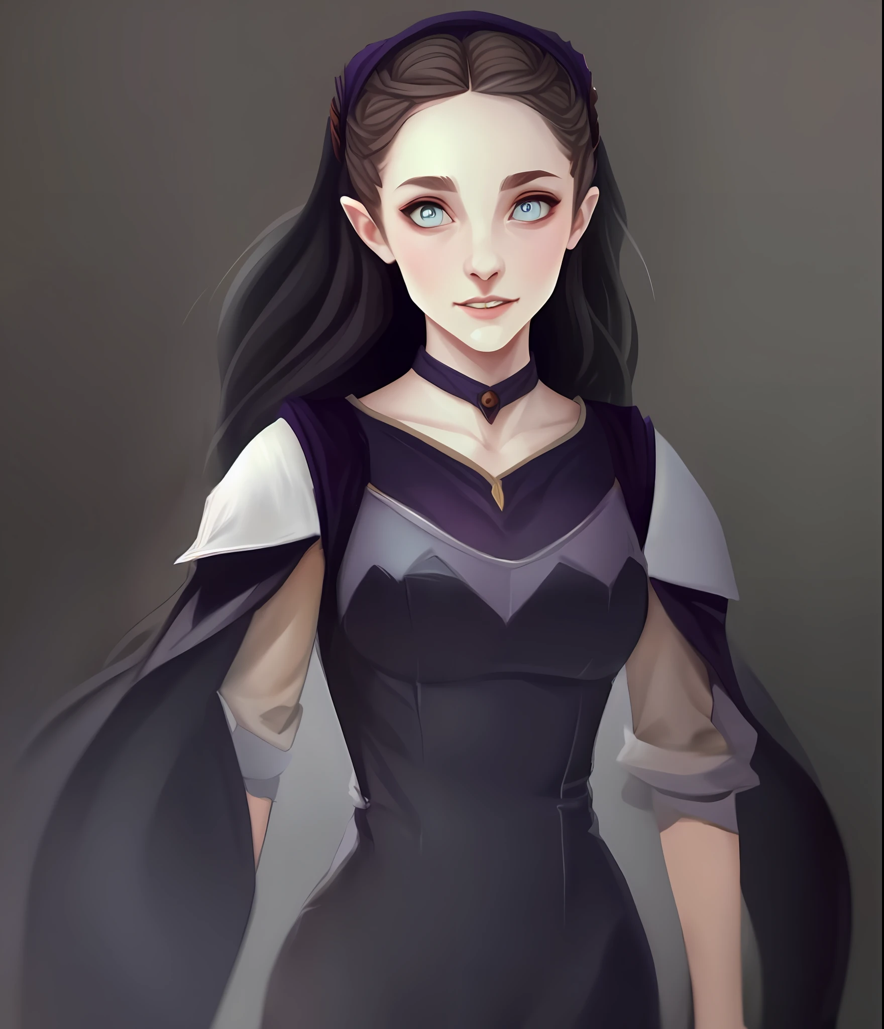 um desenho de uma menina com cabelo longo e um vestido roxo, epic RPG portrait, estilo de arte de fantasia, retrato da arte do personagem, retrato dnd, Epic fantasy art style, retrato detalhado do caractere, retrato da fantasia, fantasy rpg symmetrical portrait, retrato de rpg, retrato do personagem da fantasia, retrato de fantasia fosco detalhado, retrato bonito, Princesa elfa, No estilo de arte de Bowater, retrato da princesa