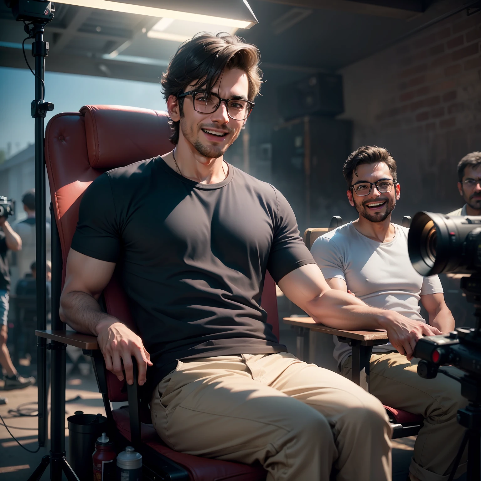 25 years boy in casual clothes, wearing glasses, light stubble, India, thin, laughing with actor, outdoors, sitting on director's chair, background of film set where crew members are working, cinematic, volumetric lighting, 8k, caricature, hyper realistic, (((wide shot))), crew, actors, candid