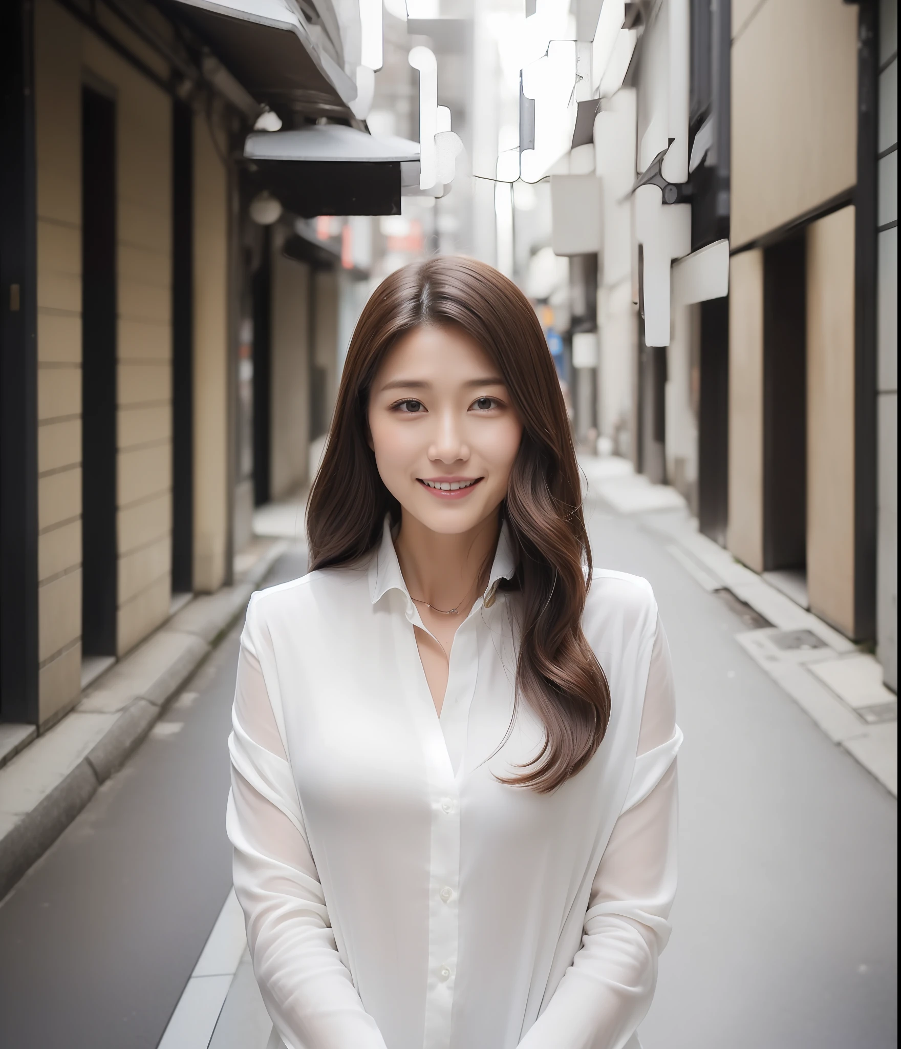 ((top-quality、8K、masterpiece:1.3))、foco nítido:1.2、Perfect Body Beauty:1.4、Slim abs:1.2、((Dark brown long hair、Colossal tits:1.1))、(natural soft light、street corner:1.2)、Highly detailed facial and skin texture、A detailed eye、(二重まぶた)、(((dynamic ungle))),Streets of Tokyo、Silver thin necklace、drooing eyes、Smiling、White blouses、White button shirt、Gentle expression、Beautie、Wavy hair、japanese gal