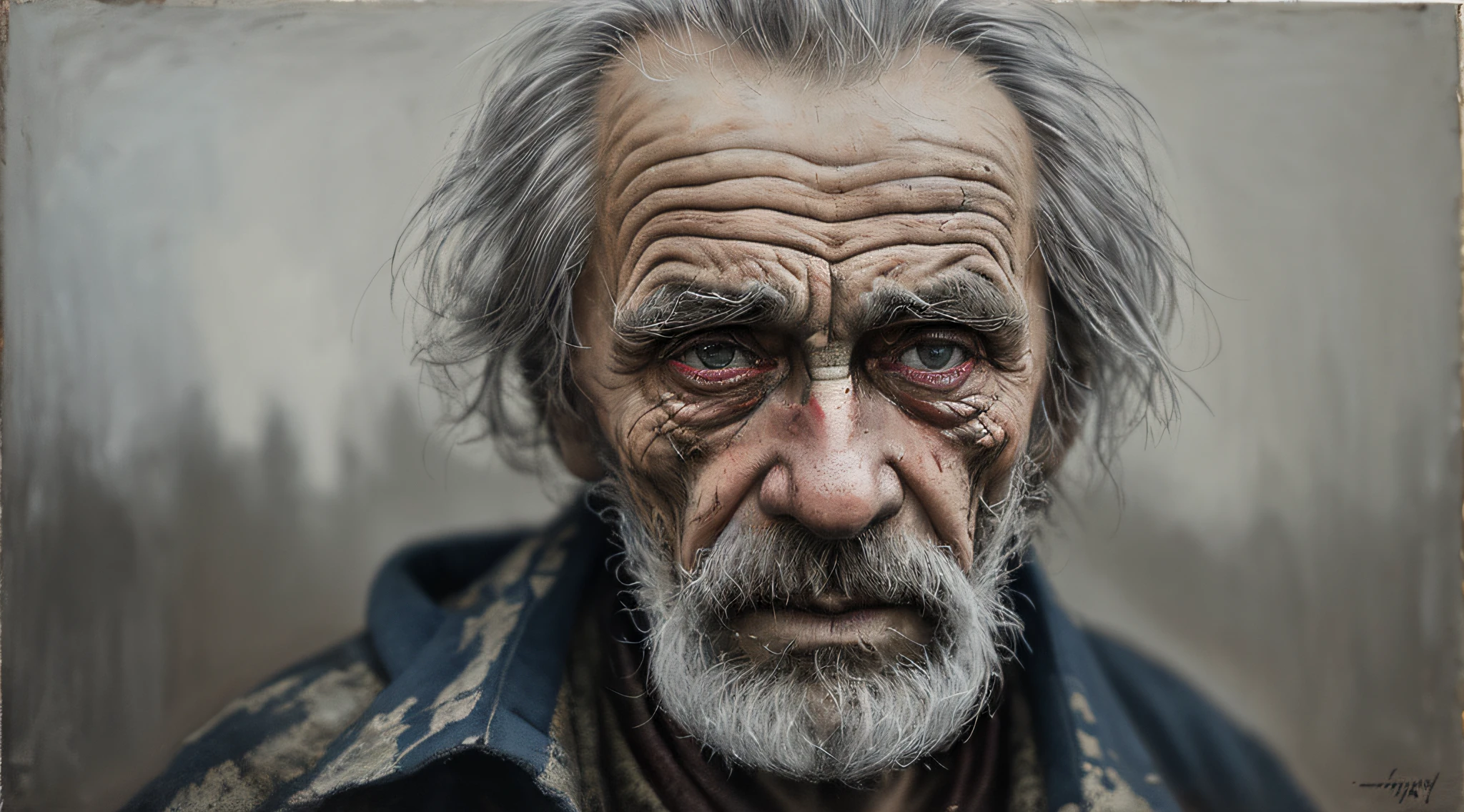 A portrait of poor russian 1800 old worker in rags, ((overwhelming fatigue )), wrinkles of age, concept art, oil pastel painting , moody gray colors , gritty, messy stylestyle of Alexey Savrasov, Ivan Shishkin, Ilya Repin, (cel shaded:1.2), 2d, (oil painting:1.2) highly detailed