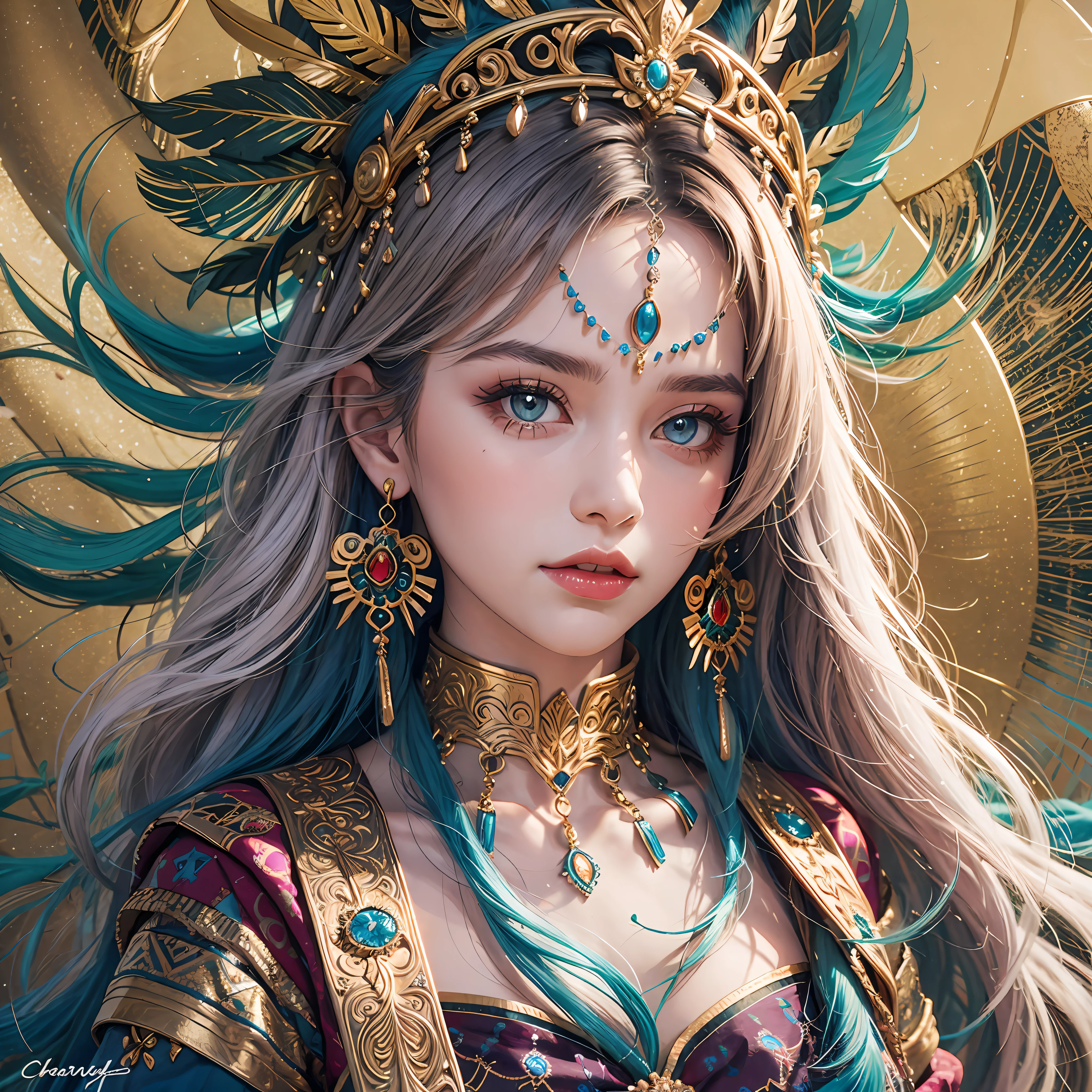 colorful woman with feathers and jewelry on her head, portrait of a colorful princess, beautiful young woman shaman, : fantasy colorful princess, she is wearing a crown of bright feathers, she is dressed in colorful clothing, colorful arabian, tribal makeup, Native colorful choker on her, colorful woman with white skin, beautiful warrior woman, ornate headdress, colorful warrior goddess, colorful warrior, huge breats , blush face, pretty pupils,