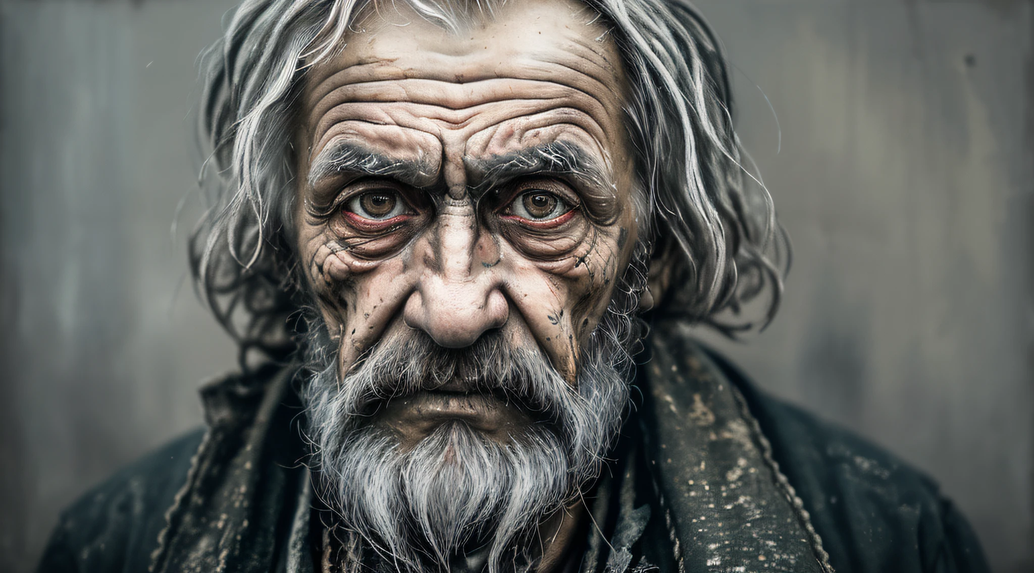 A portrait of poor russian 1800 old worker in rags, ((overwhelming fatigue )), wrinkles of age, concept art, oil pastel painting , moody gray colors , gritty, messy stylestyle of Alexey Savrasov, Ivan Shishkin, Ilya Repin, (cel shaded:1.2), 2d, (oil painting:1.2) highly detailed