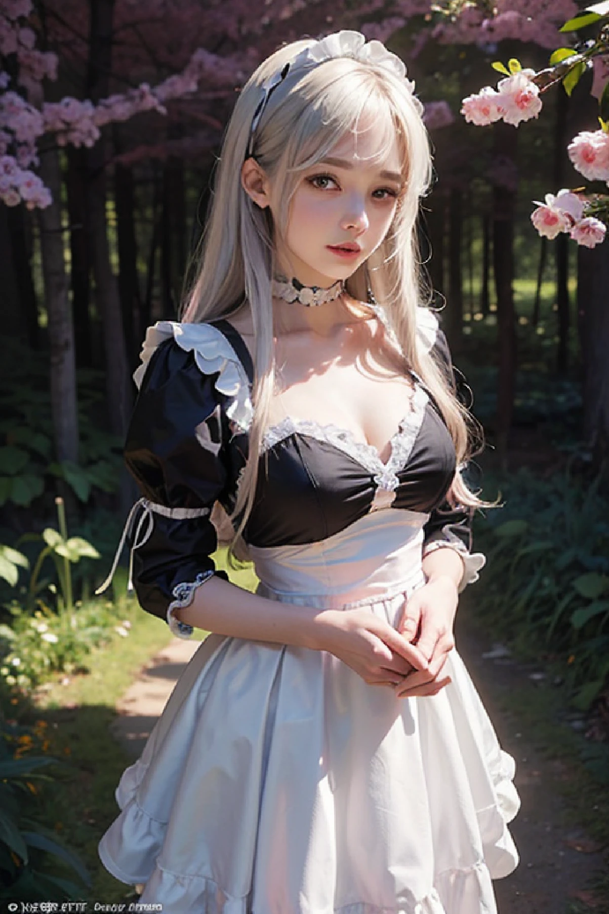 Anime character with flowers on pink background frame, yandere intricate, lolish, anime girls in maid costumes, yandere, shikamimi, shoujo romance, visual novel cg, yandere. tall, a maid in a magical forest, official artwork, anime key visual of elegant, Gapmoe Yandere, my dress up darling anime, Portrait of a female hyperrealist by David Hockney and Alphonse Mucha、Fantasyart、Photorealsitic、动态照明、art stations、poster for、Volumetric lighting、extra detailed face、4 k、Award-winning、、1girl、dark、deep-shadows、lowkey、cowboy shot、(Formula service:1.4)、length hair、white hair、Chest