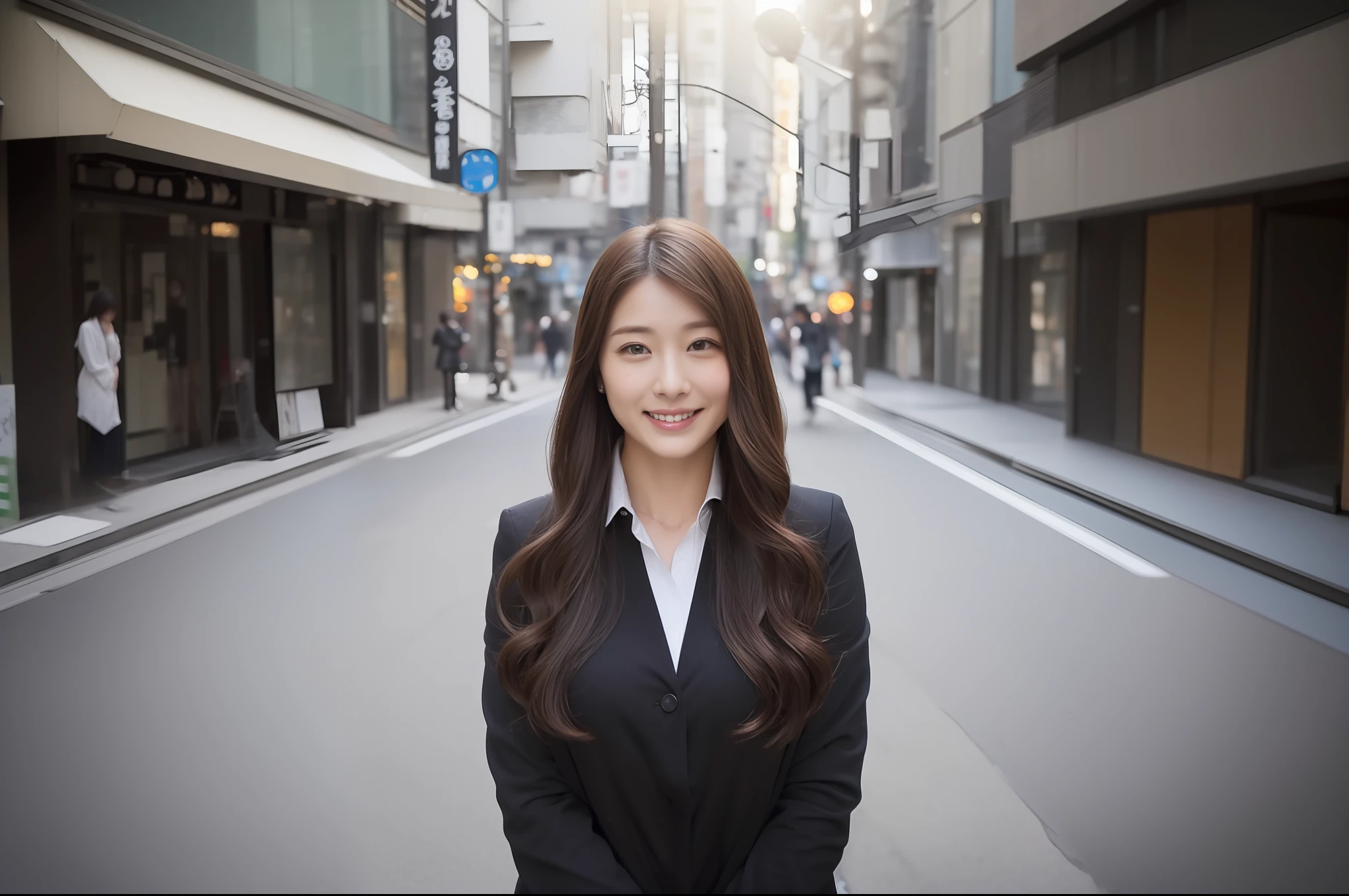 ((top-quality、8K、​masterpiece:1.3))、foco nítido:1.2、Perfect Body Beauty:1.4、Slim abs:1.2、((Dark brown long hair、Colossal tits:1.1))、(natural soft light、street corner:1.2)、Highly detailed facial and skin texture、A detailed eye、(二重まぶた)、(((dynamic ungle))),Streets of Tokyo、Silver thin necklace、drooing eyes、Smiling、White blouses、White button shirt、Gentle expression、Beautie、Wavy Hair、japanese gal