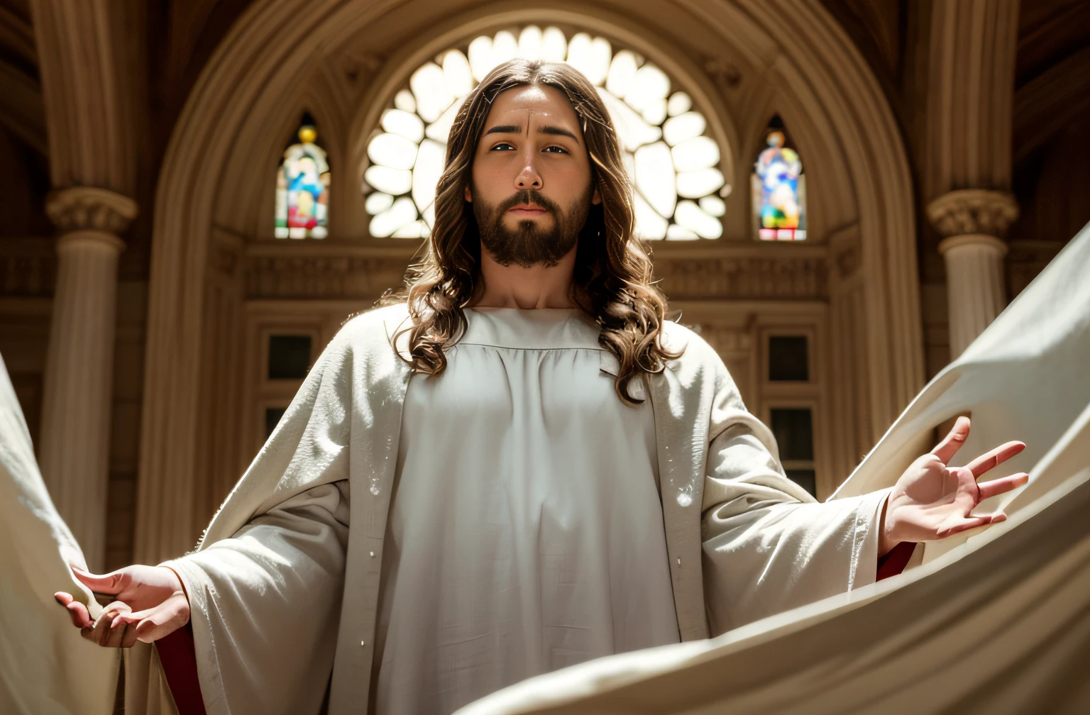 Jesus with long hair pale man with a silver garment and with a golden scale