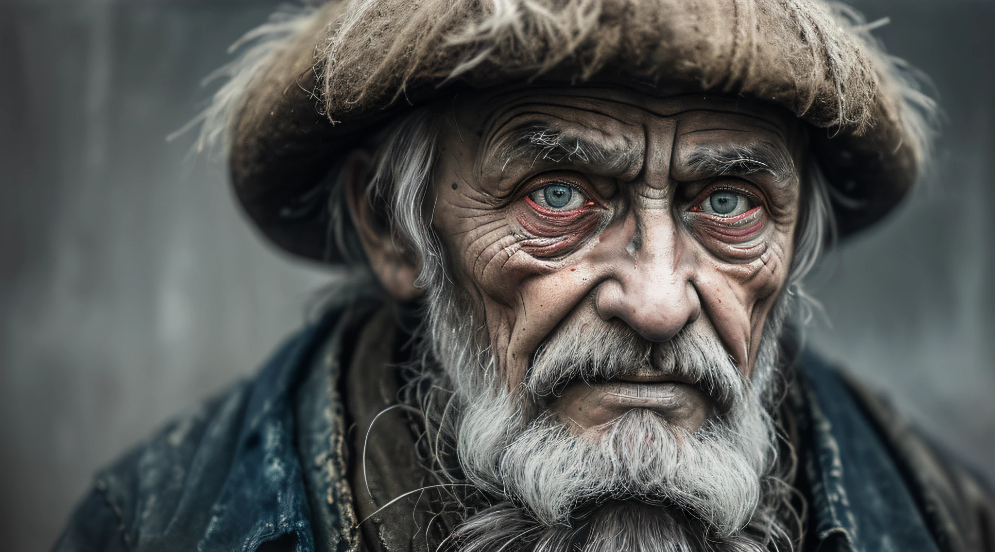 A portrait of poor russian 1800 old worker in rags, ((overwhelming fatigue )), wrinkles of age, concept art, oil pastel painting , moody gray colors , gritty, messy stylestyle of Alexey Savrasov, Ivan Shishkin, Ilya Repin, (cel shaded:1.2), 2d, (oil painting:1.2) highly detailed