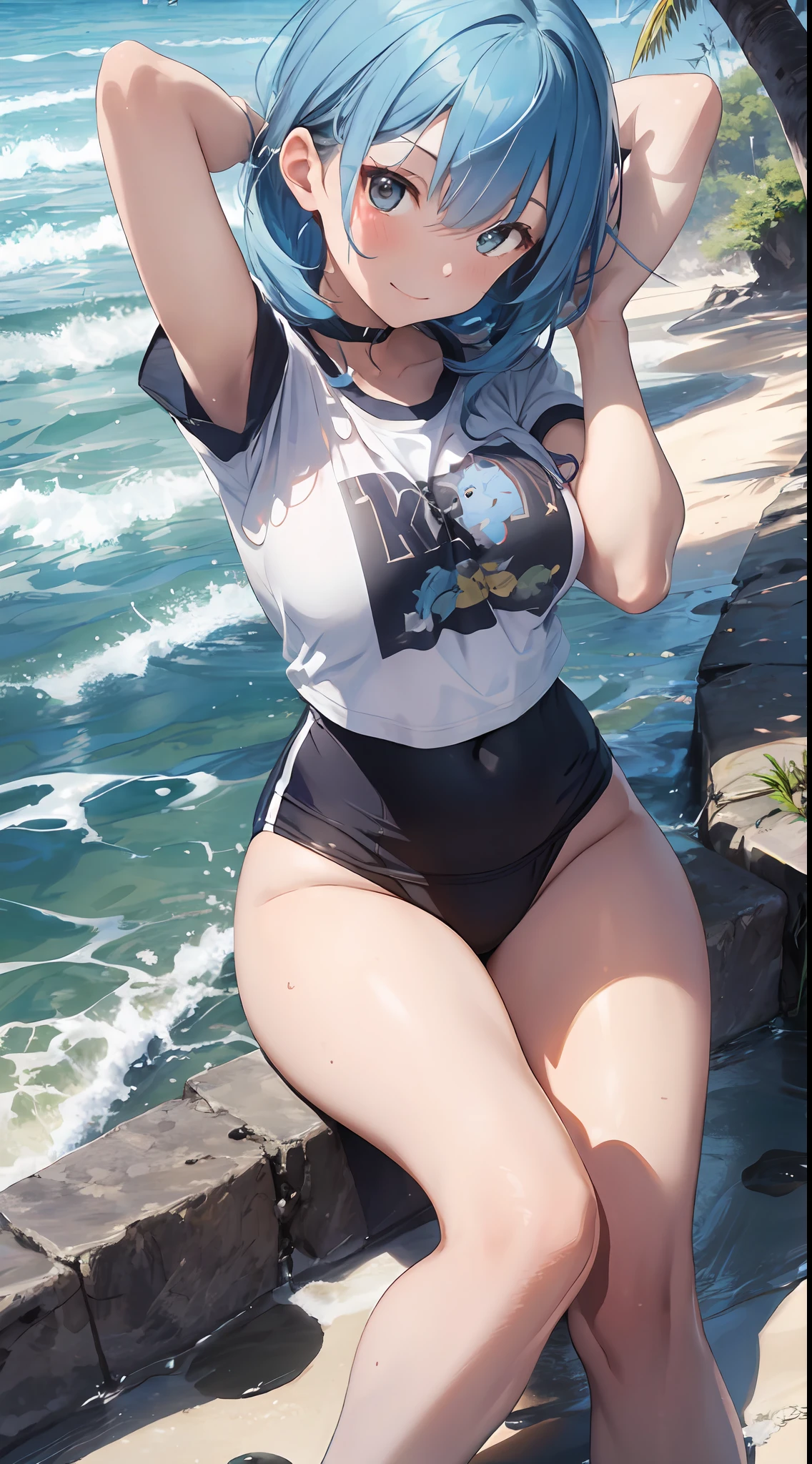 (NSFW:1.2), (8K, Raw photography, Top image quality, tmasterpiece: 1.4), ultra highly detailed, (realisitic, photoreallistic: 1.48), 1girl in, Solo Focus, type moon style, Kyoto Animation Style, short-length hair, (blue hairs:1.7), Blunt bangs, Hair Between Eyes, Clear eyes, side locks, White hair, Shiny hair, beautiful detailed cold face, Seductive smile, angry, complex details beautiful and delicate eyes, bare_shoulders, enormous breasts, Gray eyes, White skin, Hair Ornament, (((T-shirt))), swim ring, swimsuit, beautiful bare back, Sandals, Skindentation, 鎖骨, bare_Legs, beach, Beautiful detailed sky, White sand, tree, very precise details, absurdist, Extremely detailed, 16k wallpaper,remrezero