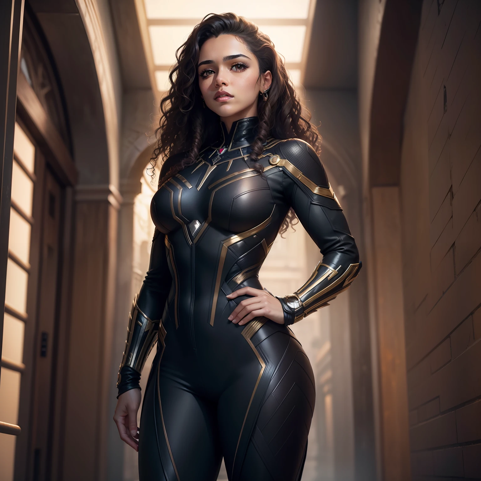 HD masterpiece, curly hair wavy hair, brown Hispanic female, wearing black panther, suit, marvel, MCU.