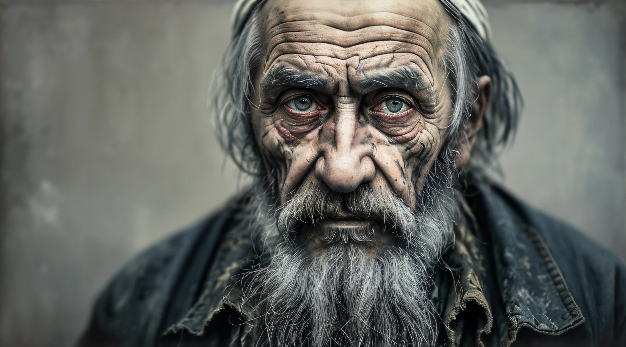 A portrait of poor russian 1800 old worker in rags, ((overwhelming fatigue )), wrinkles of age, concept art, oil pastel painting , moody gray colors , gritty, messy stylestyle of Alexey Savrasov, Ivan Shishkin, Ilya Repin, (cel shaded:1.2), 2d, (oil painting:1.2) highly detailed