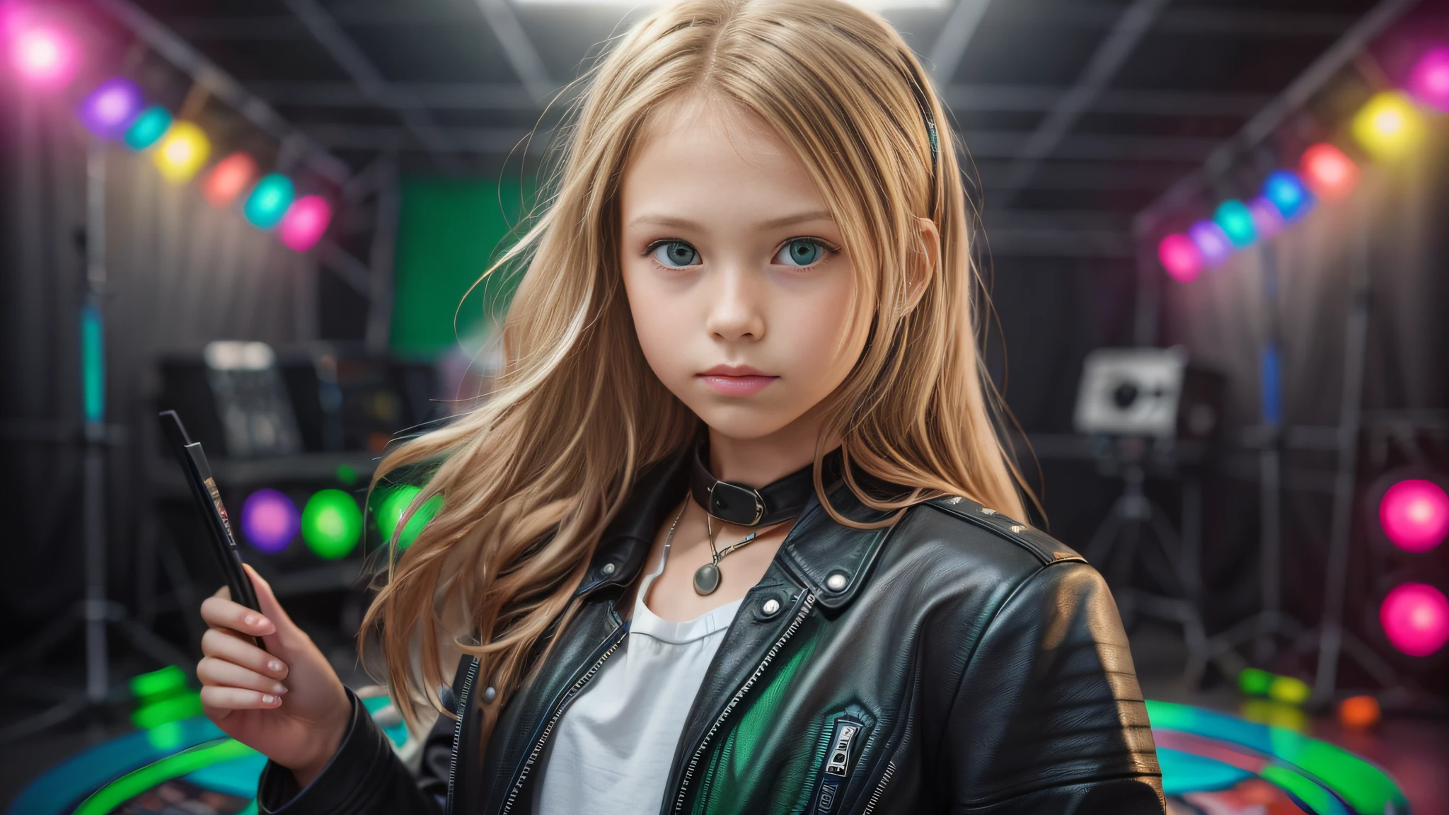 12 year old girl, long blonde straight hair, with black leather jacket and black clothing, in the photographic studio, with white infinite background, GREEN BACKLIGHT with many cds and vinyls on the floor, SOFT GREEN LIGHT.