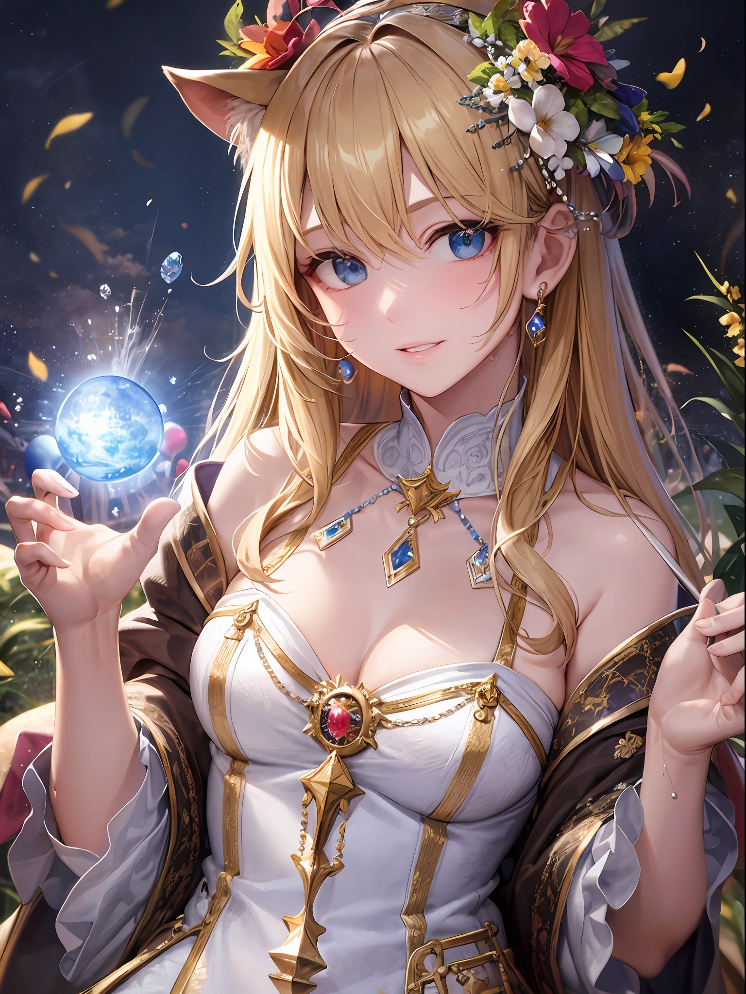 Delicate and masterpiece, beautiful details, colorful, fine details, detailed lips, intricate details, masterpiece, top quality, realistic, hyper detail, (glossy skin, sweaty: 1.4), absurdity, camera gaze, dynamic lighting, high resolution, sharp focus, depth of field, detailed eyes, sharp eyes, realistic eyes, the main character is a Japan girl, a beautiful girl with long blonde hair and clear eyes, By being reincarnated in another world, he was able to do magic and adventure. She was thrilled that she had become so cute that she looked at her face in the mirror and smiled. Her smile is expressed in intricate details and realistic descriptions, with words such as quality, image quality, detail, masterpieces, official art, masterpieces, masterpieces and details that are real. Her face is a human body based on human anatomy, and the fingers of her hands have not lost their shape. Her eyes are attractive, with a vivid blue color.
She was also interested in otherworldly outfits, trying on colorful dresses and accessories. She chose what looked good on her and showed off her fashion sense. She wore a white lace dress with a pink ribbon and a floral ornament on her head. She wore a pearl necklace around her neck and pierced her ears. She wore white gloves on her hands and white socks and pink shoes on her feet. She wore a small heart-shaped brooch on her chest. She had feathers on her back and looked like an angel.
She was also fascinated by otherworldly magic, so she picked up a spellbook and a wand to try out magic. She used the magic of attributes such as fire, water, and wind to create fireworks, bubbles, and balloons in the air. She cast a spell she learned from the spellbook and released a glowing ball from her wand. She waved her wand and painted colorful patterns and letters in the air. She pointed to her wand and moved small animals and dolls. She threw her wand and caught it in the air.
She was also obsessed with otherworldly adventures, expl