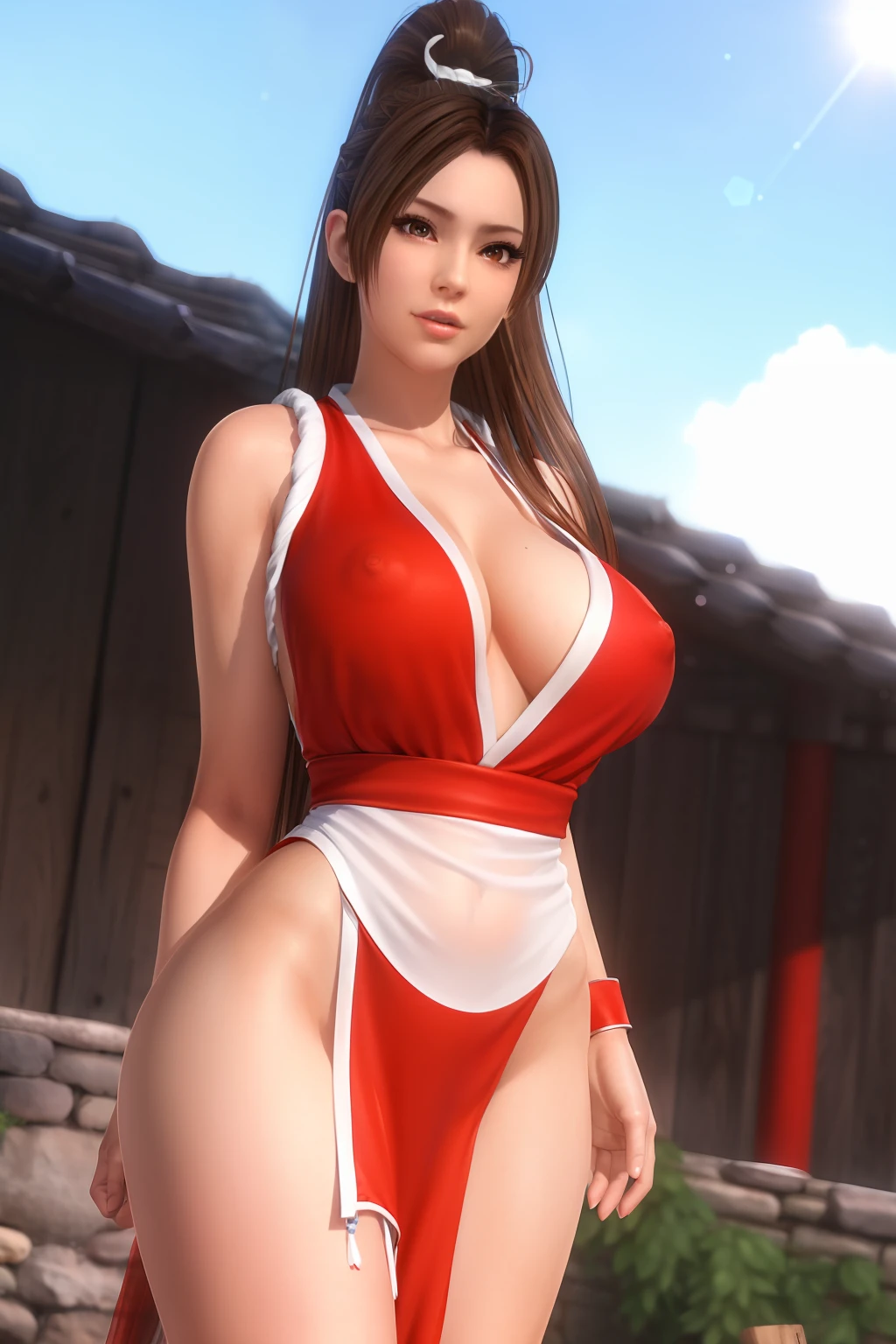 (day:1.7), sky background,a blue sky and clouds, (close-Up),
sitting at attention,sitting on couch,(Closed_mouth),
red dress,sleeveless,japanese_clothes,bare_shoulders,(Closed_clothes),
brown_hair,brown_eyes,Long_high_ponytail,hair_tie,makeup,
1 girl, 20yo,mature female,Beautiful Finger,Beautiful long legs,Beautiful body,Beautiful Nose,Beautiful character design, perfect eyes, perfect face,
looking at viewer,(light_smile:0.3),
NSFW,official art,extremely detailed CG unity 8k wallpaper, perfect lighting,Colorful, Bright_Front_face_Lighting,
(masterpiece:1.0),(best_quality:1.0), ultra high res,4K,ultra-detailed,
photography, 8K, HDR, highres, absurdres:1.2, Kodak portra 400, film grain, blurry background, bokeh:1.2, lens flare, (vibrant_color:1.2)
(Beautiful,large_Breasts:1.4), (beautiful_face:1.5),(narrow_waist), NSFW