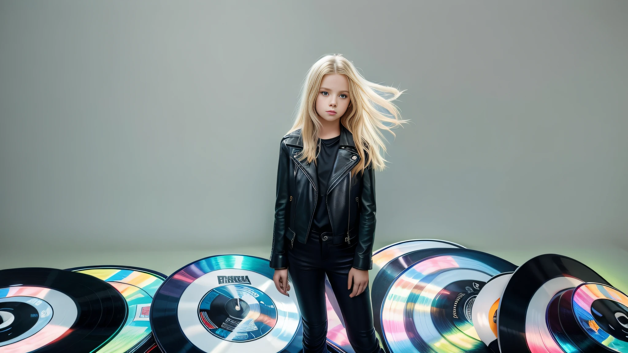 12 year old girl, long blonde straight hair, with black leather jacket and black clothing, in the photographic studio, with white infinite background, GREEN BACKLIGHT with many cds and vinyls on the floor, SOFT GREEN LIGHT.