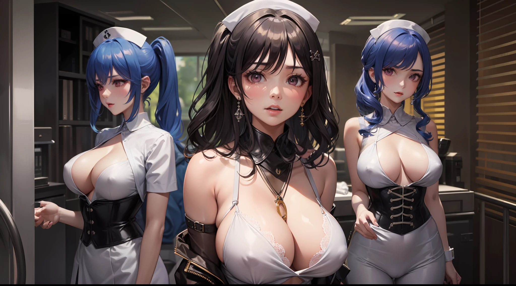 Infirmary， 窗帘， 6 girls， nurses， white dresses， tmasterpiece， Best quality at best， tmasterpiece， （Extremely refined and beautiful：1.2）， a blurred background looking at the viewer， 6 twenty-year-old girls， 独奏， Fahi girl， Redlip， Blushlush， BDSM， tightsuit， Big breasts corset， shibari， handcuff， collars， （pegging： 1.6）， Outside the chest， Bind your hands， Hands behind your back， discreet， leaning-forward， high detal, huge tit，Blush，