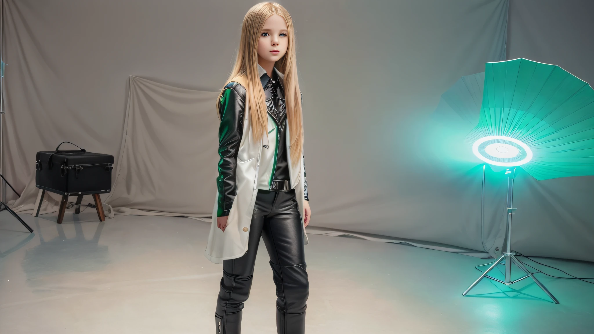 12 year old girl, long blonde straight hair, with black leather jacket and black clothing, in the photographic studio, with white infinite background, GREEN BACKLIGHT with many cds and vinyls on the floor, SOFT GREEN LIGHT.