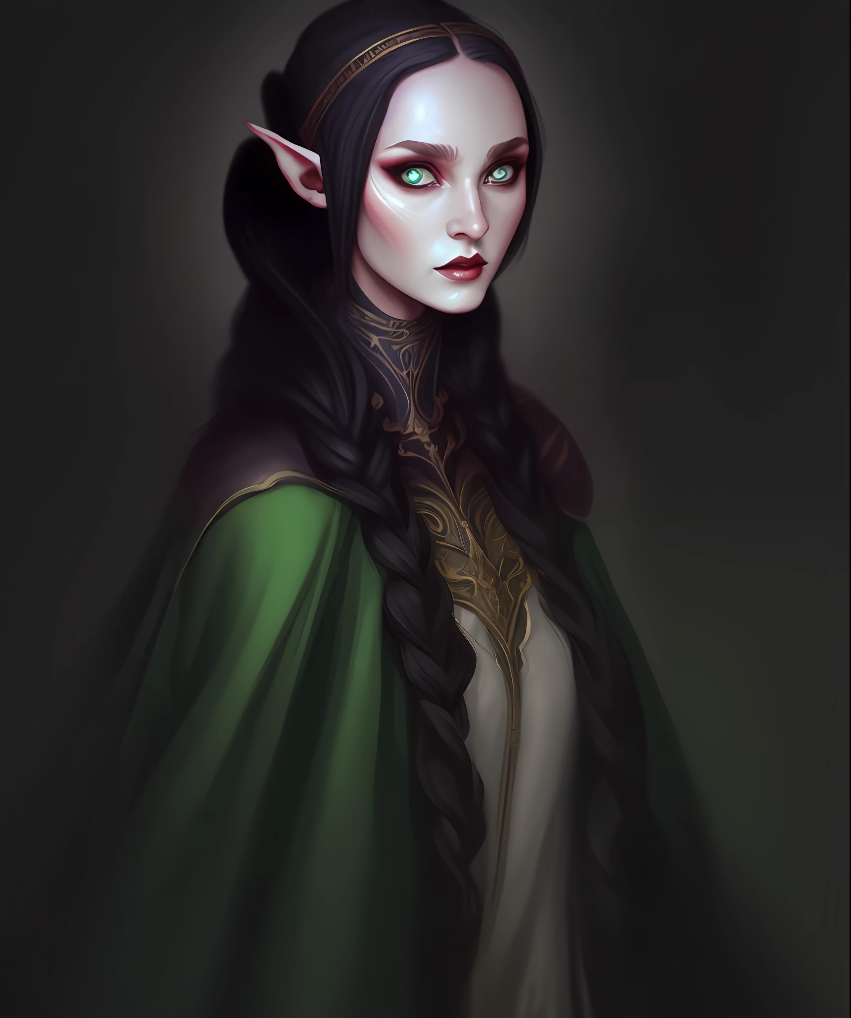 uma pintura digital de uma mulher com olhos verdes e um cabelo escuro, retrato de fantasia fosco detalhado, Um retrato de um elfo, Retrato de uma rainha elfa, Retrato de um elfo, Retrato de um feiticeiro elfo feminino, retrato de arte conceito de fantasia, retrato dnd, bela condessa elfa escura, princesa elfo escuro, retrato de fantasia escura, portrait female elf wizard, dnd retrato, retrato de fantasia digital