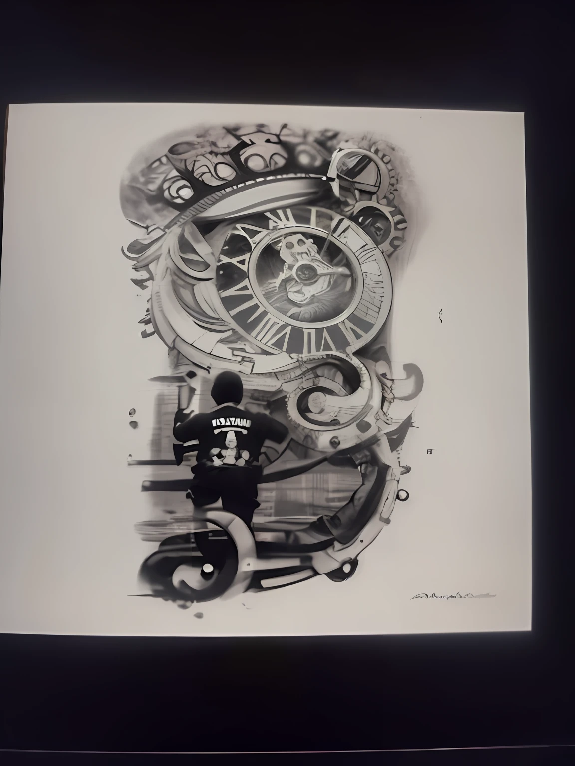 There is a picture of a clock with a man on it, plantilla de tatuaje, Photograph of a tattoo on the sleeve, tinta blanca y negra ', Chicano Airbrush Art, tinta tradicional, high quality scan, Albumin Silver Printing, tatuaje temporal, Plantilla negra, Medium size tattoo sketch, boceto de tatuaje, tatuaje completo, Tatuajes criminales rusos, Realismo tatuaje boceto, Insignia real en el fondo, agregar una pluma y un almanaque,