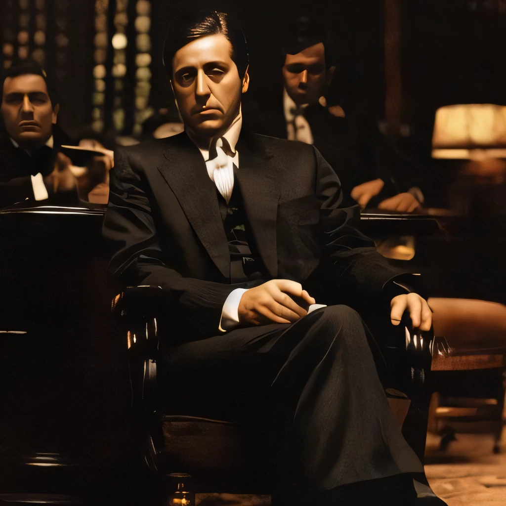 a picture of MichaelCorleone sitting, surrounded by gentlemen,