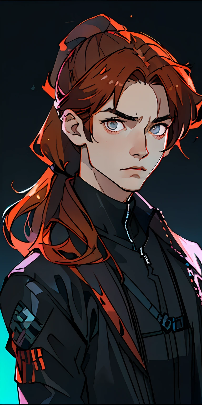 (beste-Qualit, tmasterpiece), 1boy, blurred background, upper-body, contemporary, skz Hyunjin, Tall guy, Copper hair, hairlong, The hair is gathered in a ponytail at the top of the head, All in black, mysterious face