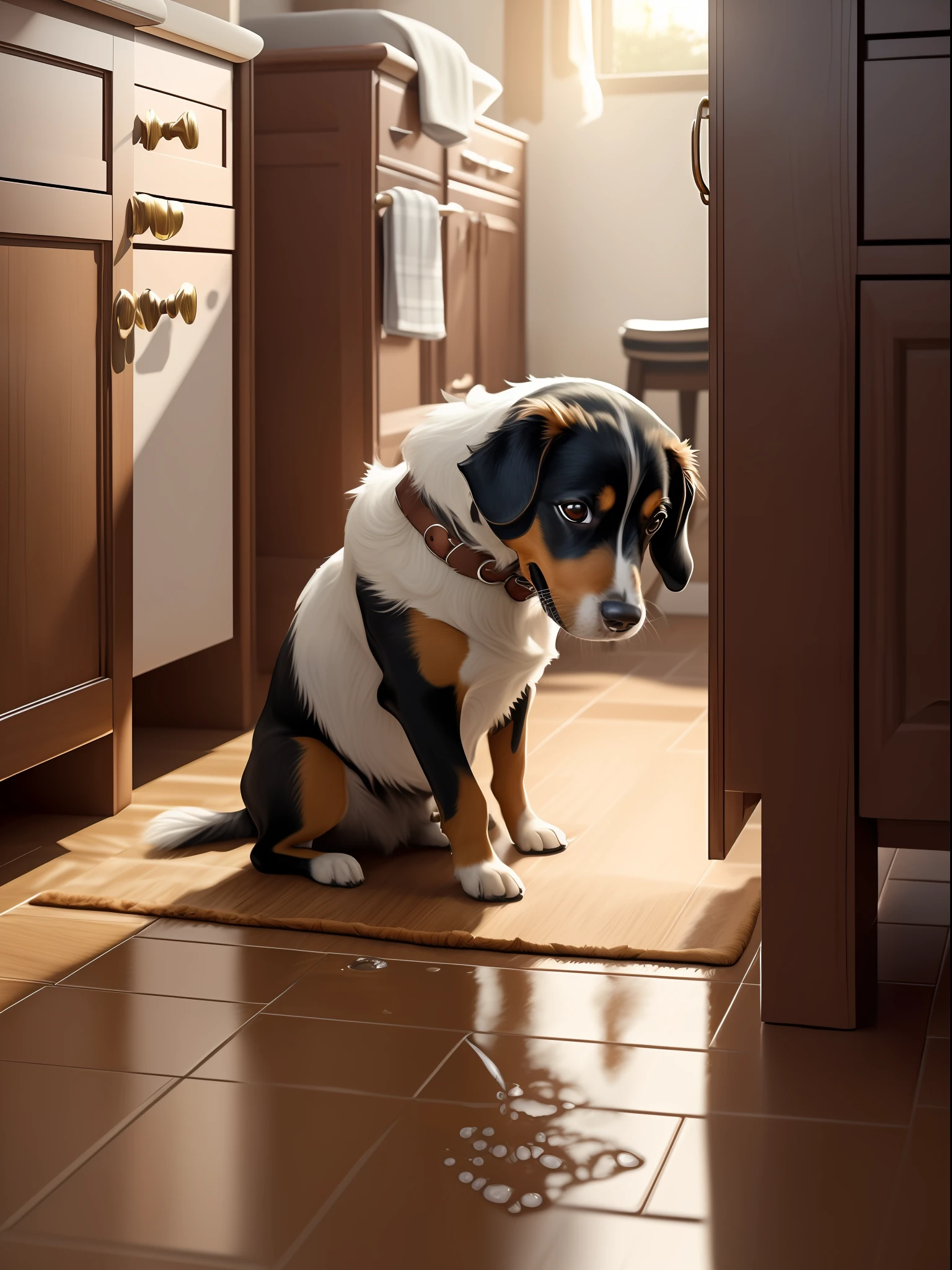 (obra-prima), (melhor qualidade), realista, cinematiclight, Hinata de Naruto, pose legal, fundo do campo de batalha, corpo perfeito, olhos brancos, cabelo branco bobcut. Create one of a dog that peed on the floor, The environment is a room of an apartment, The pee puddle should be large