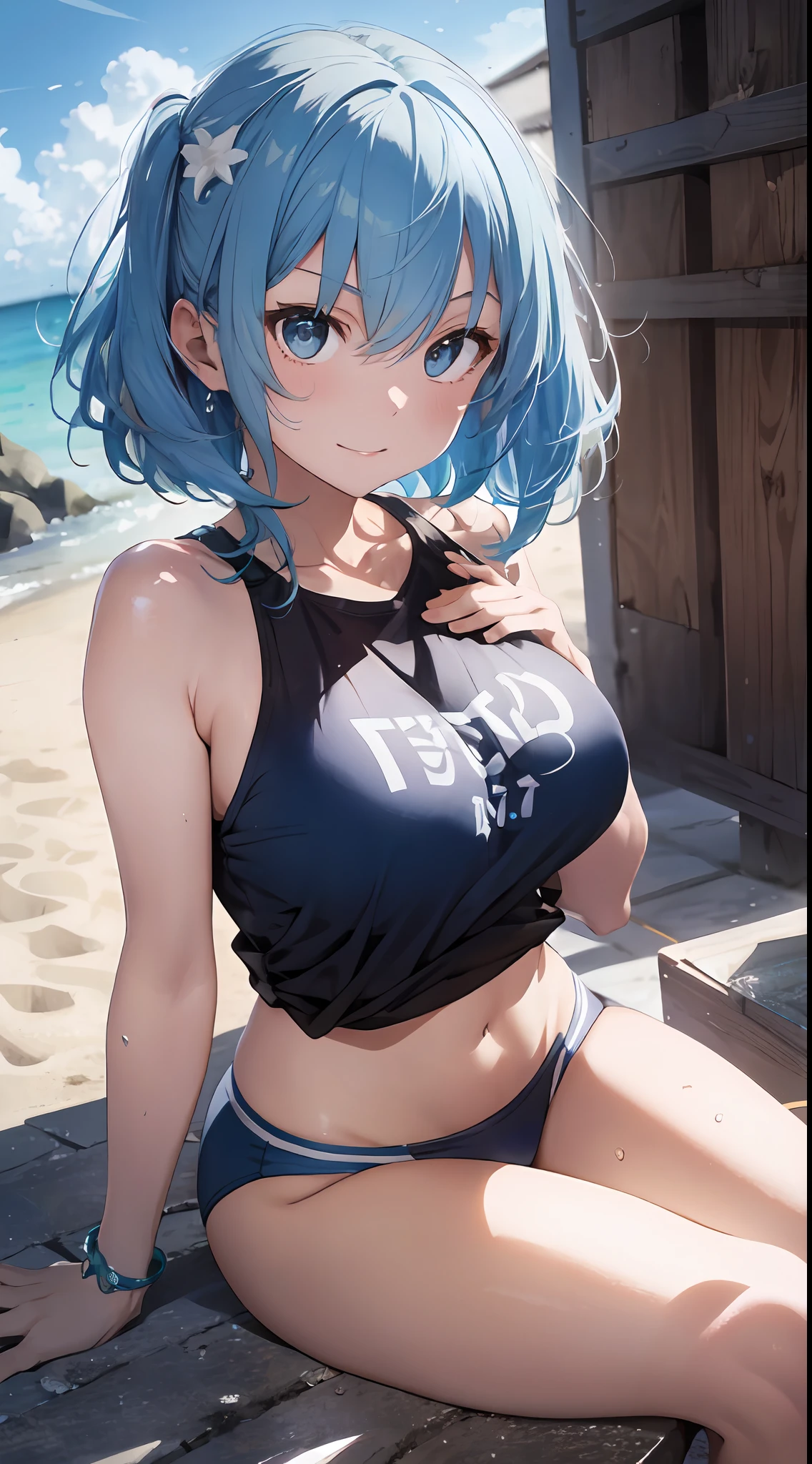 (NSFW:1.2), (8K, Raw photography, Top image quality, tmasterpiece: 1.4), ultra highly detailed, (realisitic, photoreallistic: 1.48), 1girl in, Solo Focus, type moon style, Kyoto Animation Style, short-length hair, (blue hairs:1.7), Blunt bangs, Hair Between Eyes, Clear eyes, side locks, White hair, Shiny hair, beautiful detailed cold face, Seductive smile, angry, complex details beautiful and delicate eyes, bare_shoulders, huge-breast, Gray eyes, White skin, Hair Ornament, (((T-shirt))), swim ring, swimsuit, beautiful bare back, Sandals, Skindentation, 鎖骨, bare_Legs, beach, Beautiful detailed sky, White sand, tree, very precise details, absurdist, Extremely detailed, 16k wallpaper,remrezero