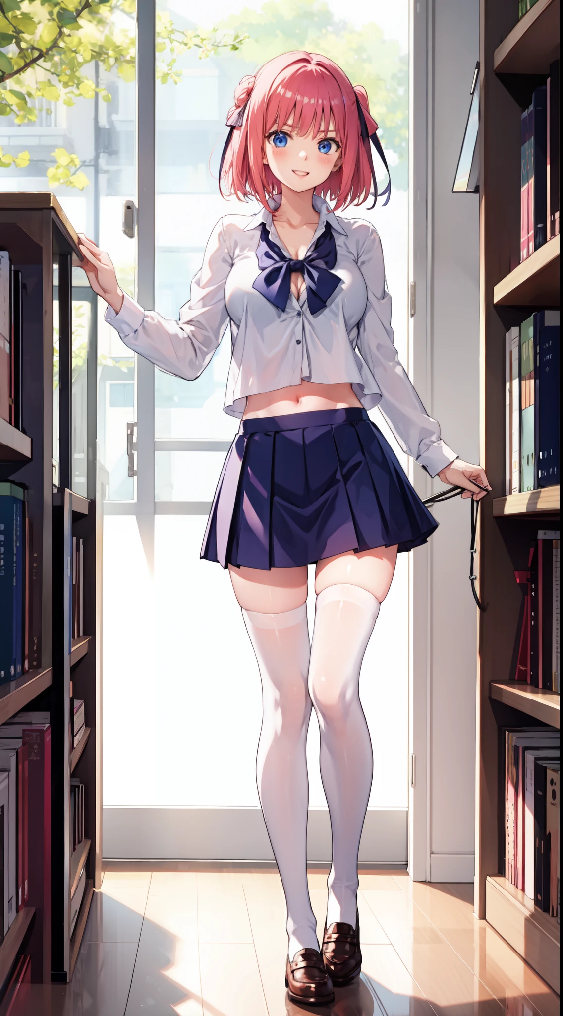 nakano nino, short hair, medium breast, slim legs, happy, cleavage, short skirt, navel, blue eyes, school uniform, thigh high socks, stand, library, pink hair