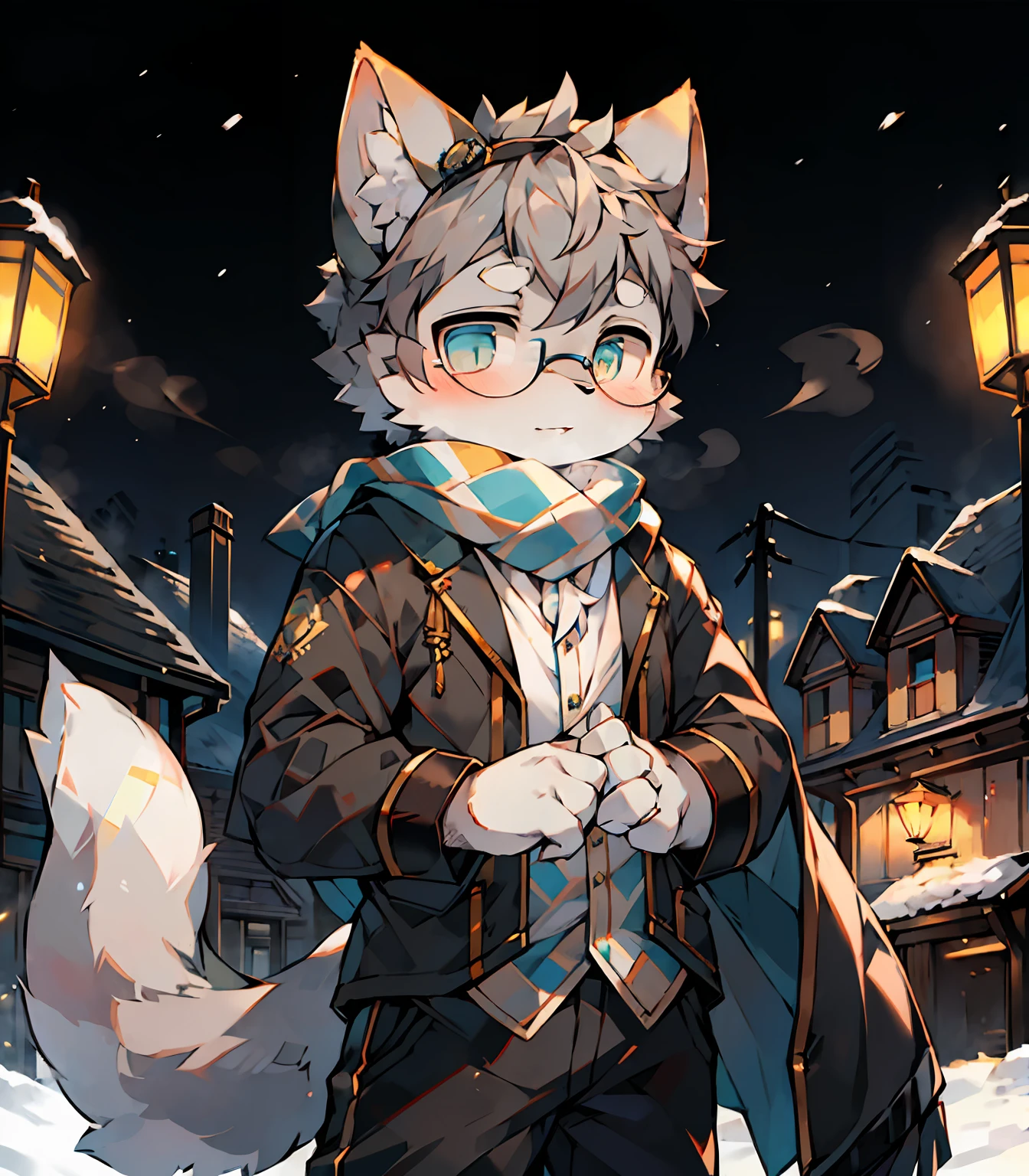 Highest image quality,A masterpiece,Delicate hands,finely-detailed eyes,Normal eyes,Black-framed round glasses,Gray cat ears,Furry,Gray hair,adolable,Handsome,((White scarf)),Cat style,Shota, Blue pupil, city night scene, Gray hair, By bangs,Dappled light and shadow, short detailed hair,ember,There are bright eyes of God, 城市,winter background,2022,Outfit in black,独奏,New Year,Melon seed face,snowflower,rcasual