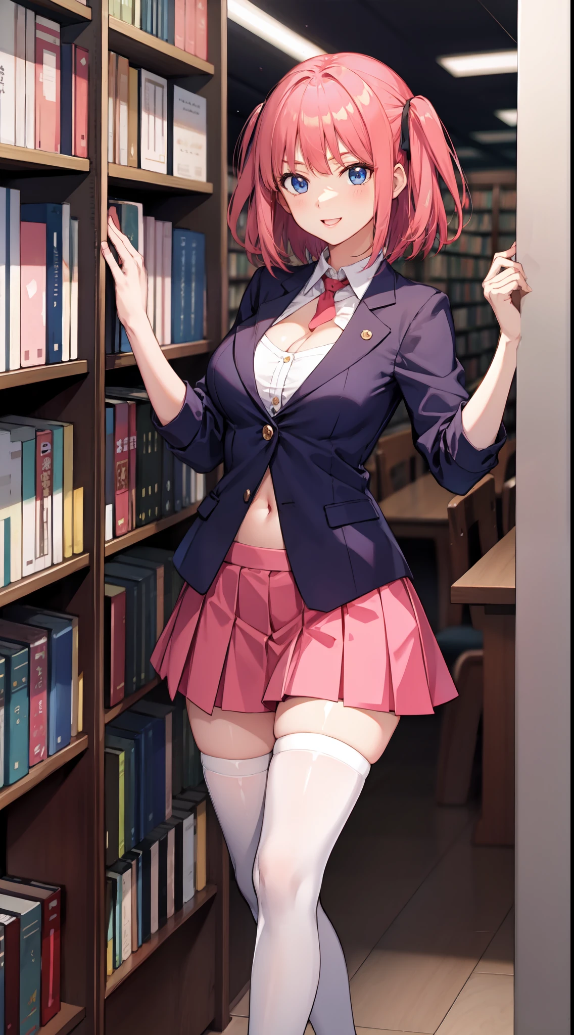 nakano nino, short hair, medium breast, slim legs, happy, cleavage, short skirt, navel, blue eyes, school uniform, thigh high socks, stand, library, pink hair
