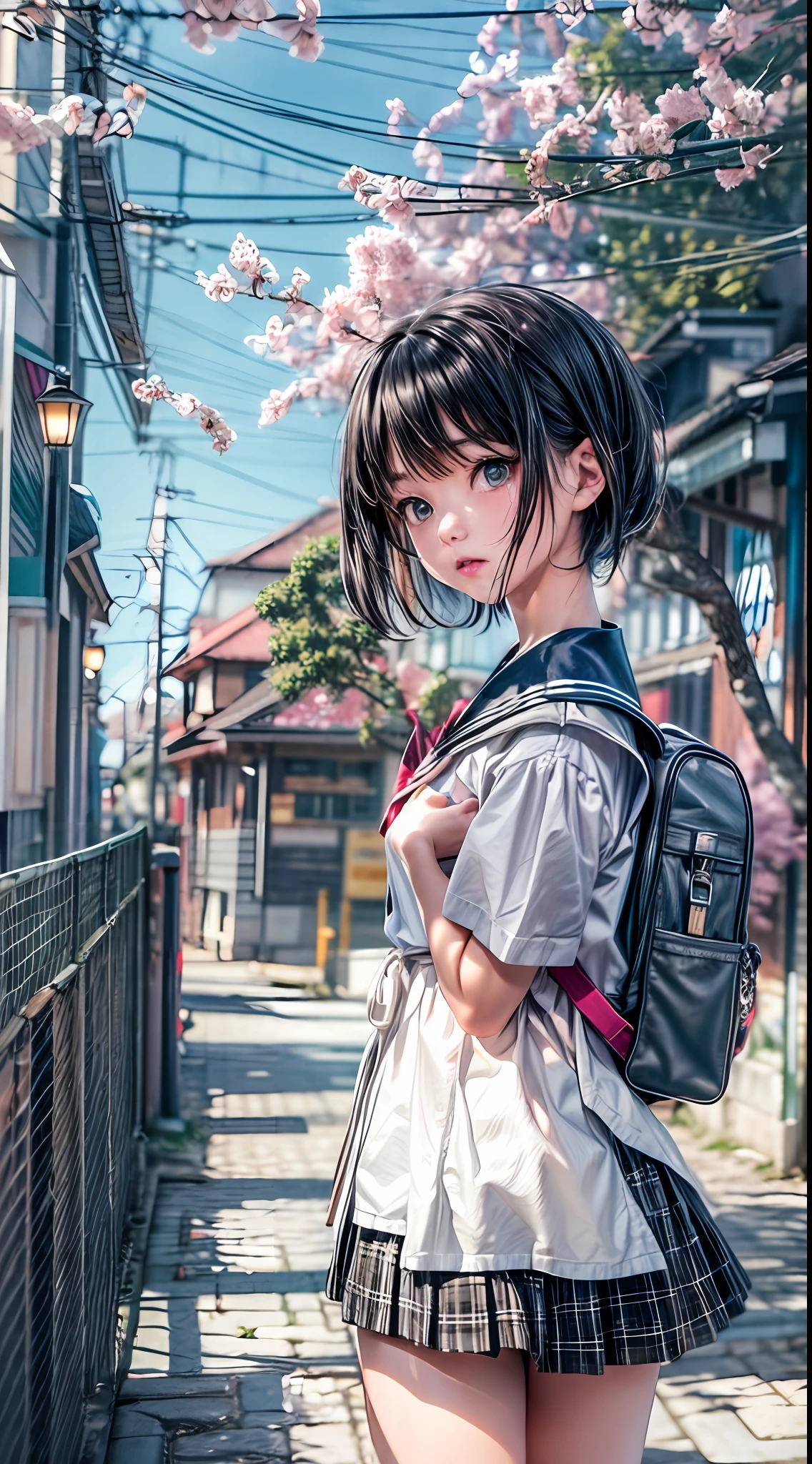 (masterpiece, high resolution, photo-realistic:1.4), Japanese schoolgirl, (traditional sailor uniform:1.2) with (pleated skirt:1.1), (short black hair:1.2) neatly tied, (innocent brown eyes:1.1) glancing back, (school backpack:1.2) slung over her shoulder, (soft moonlight:1.2) bathing the scene, (gentle breeze:1.1) rustling cherry blossom trees, (illuminated lanterns:1.2) lining the narrow street, (cobblestone path:1.1) beneath her feet, (cute mascot keychain:1.1) dangling from her bag, (playful stray cat:1.2) following her, (vibrant vending machines:1.1) nearby casting colorful glows, (calm suburban houses:1.2) in the background, (distant city lights:1.1) painting the skyline, DSLR camera model: Fujifilm X-T4, lens: Fujinon XF 35mm f/1.4 R, Cinematic, Hyper-detailed, insane details, Beautifully color graded, Unreal Engine, DOF, Super-Resolution, Megapixel, Cinematic Lightning, Anti-Aliasing, FKAA, TXAA, RTX, SSAO, Post Processing, Post Production, Tone Mapping, CGI, VFX, SFX, Insanely detailed and intricate, Hyper maximalist, Hyper realistic, Volumetric, Photorealistic, ultra photoreal, ultra-detailed, intricate details, 8K, Super detailed, Full color, Volumetric lightning, HDR, Realistic, Unreal Engine, 16K, Sharp focus, octane render --v testp