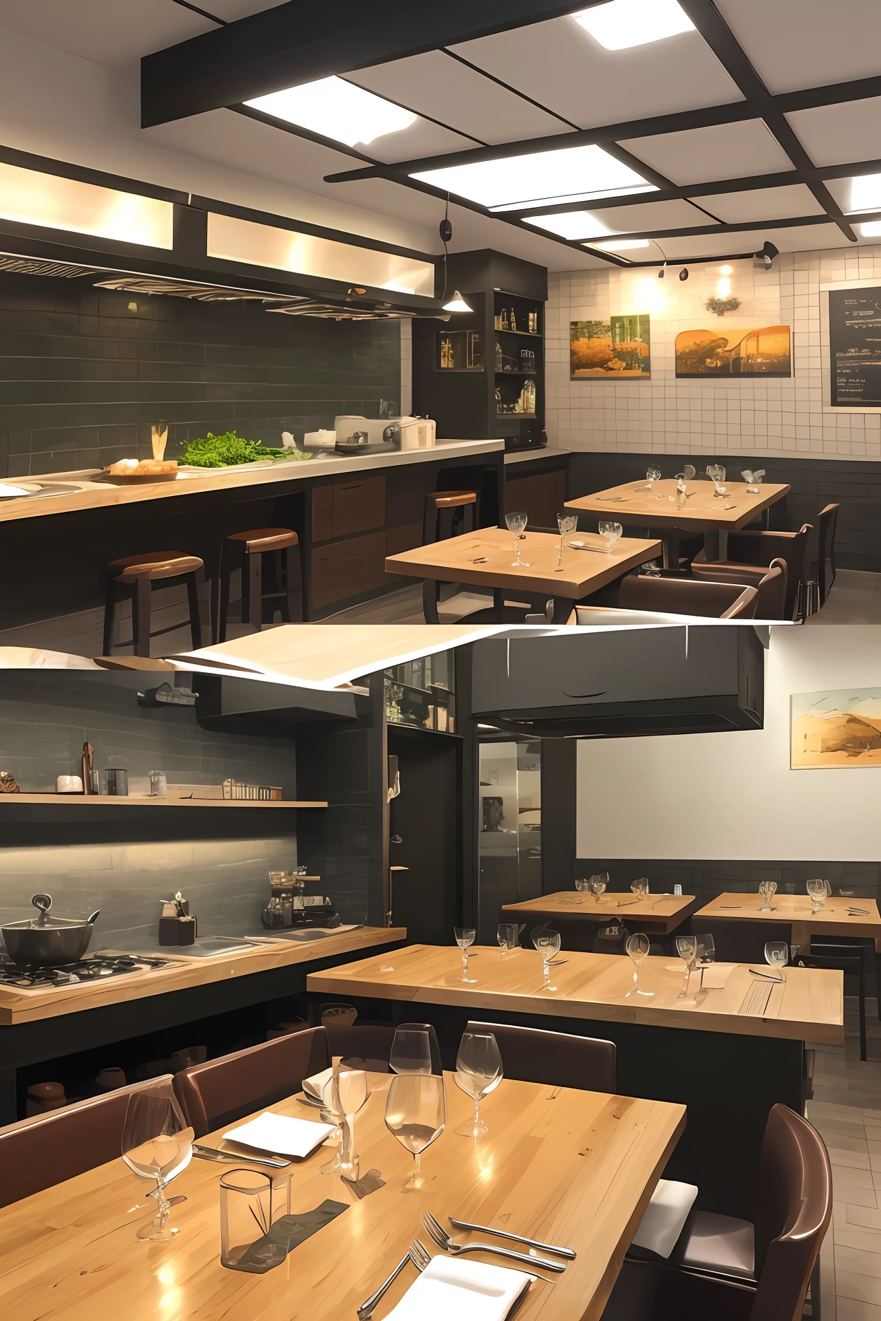 Arquitetura, restaurante, restou com cozinha aberta, ambiente fechado, aconhegado, jogo de luz, sala de jantar, pequeno, 10 meesas de jantares, moderno, industrial, cozinha com bancada de trabalho, stove, cozinha bonita, ambiente intefrado, restaurante real, realismo, 4k, ultra realista