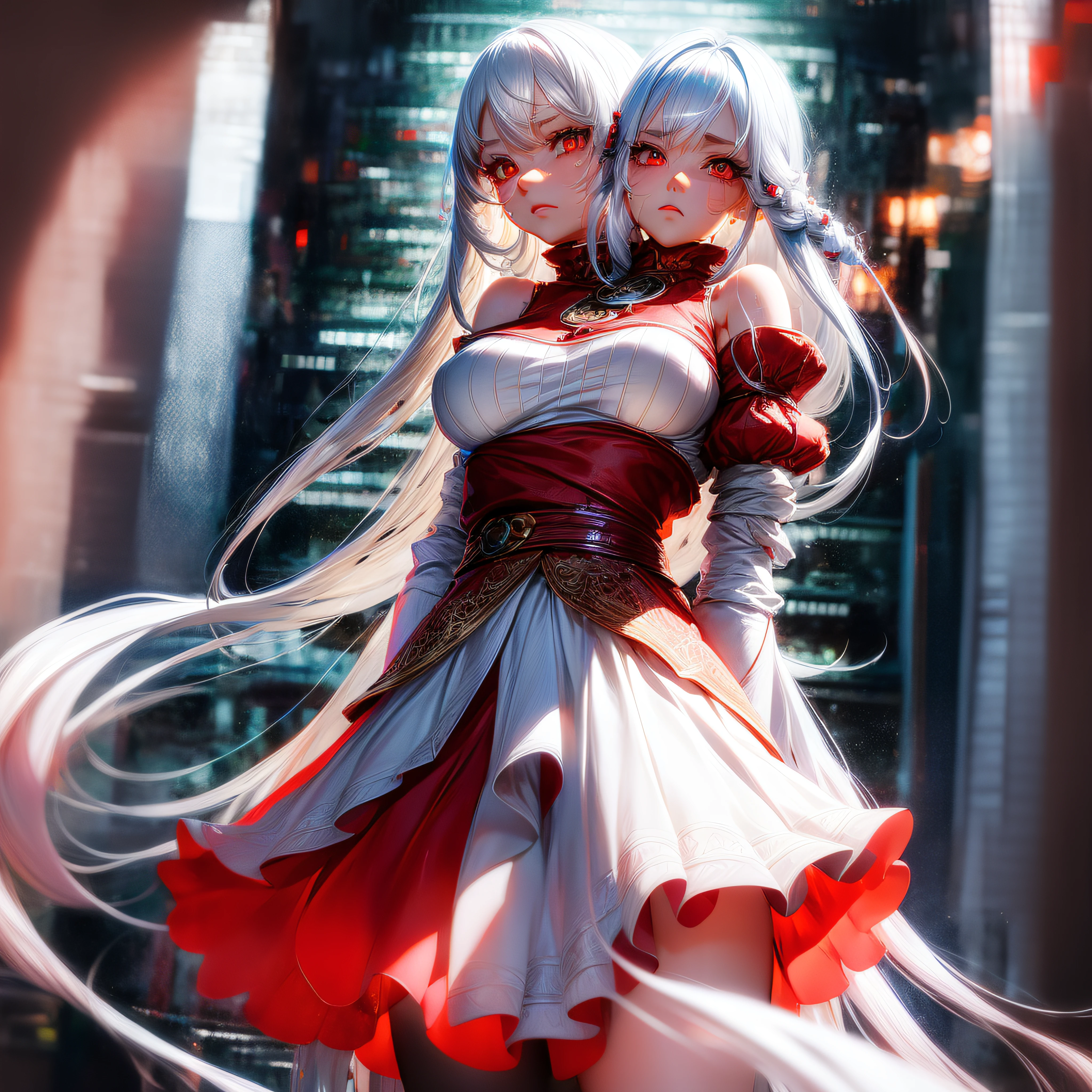 (highly detailed 8k wallpaper), best resolution, (2heads:1.5),anime girl with two heads, white hair, red eye,(masterpiece, top quality, best quality, official art, beautiful and aesthetic:1.2), (1girl:1.3), (fractal art:1.3),absurd, masterpiece, best quality, realistic, hyper-detailed, (shiny skin, sweaty:1.4), looking at viewer, slender, solo, miniskirt, long hair, white hair, red eyes, (thick thighs:0.5), gap in between thighs, dynamic lighting, high resolution, sharp focus, depth of field, medium breasts, masterpiece, best quality, ultra-detailed, illustration, ultra-detailed face, best quality face, studio, white room backdrop, sexy pose, cute, kawaii, digital art, finely detailed eyes, blushing, red cheeks, realistic, glowing eyes, fluffy jumper, skirt,