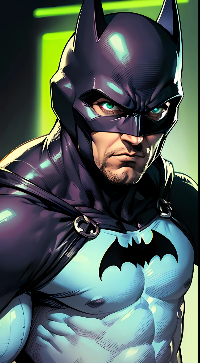 Batman, macho, alto, hunk, musculoso, preto e neon terno verde, detalhes verdes neon no terno, melhor qualidade, obra-prima, capa preta longa, orelhas curtas no capacete, olhos brancos, sem pupilas, serious face, terno ultra detalhado, rosto detalhado, pose poderosa, melhor qualidade, alta resolução: 1.2, cinto de ultilidade cinza escuro, noite, atmosfera escura, capa fluida, premiado, sombra, volumeric lighting, um Cavalheiro de Espada Azulado e um gigantesco Homem