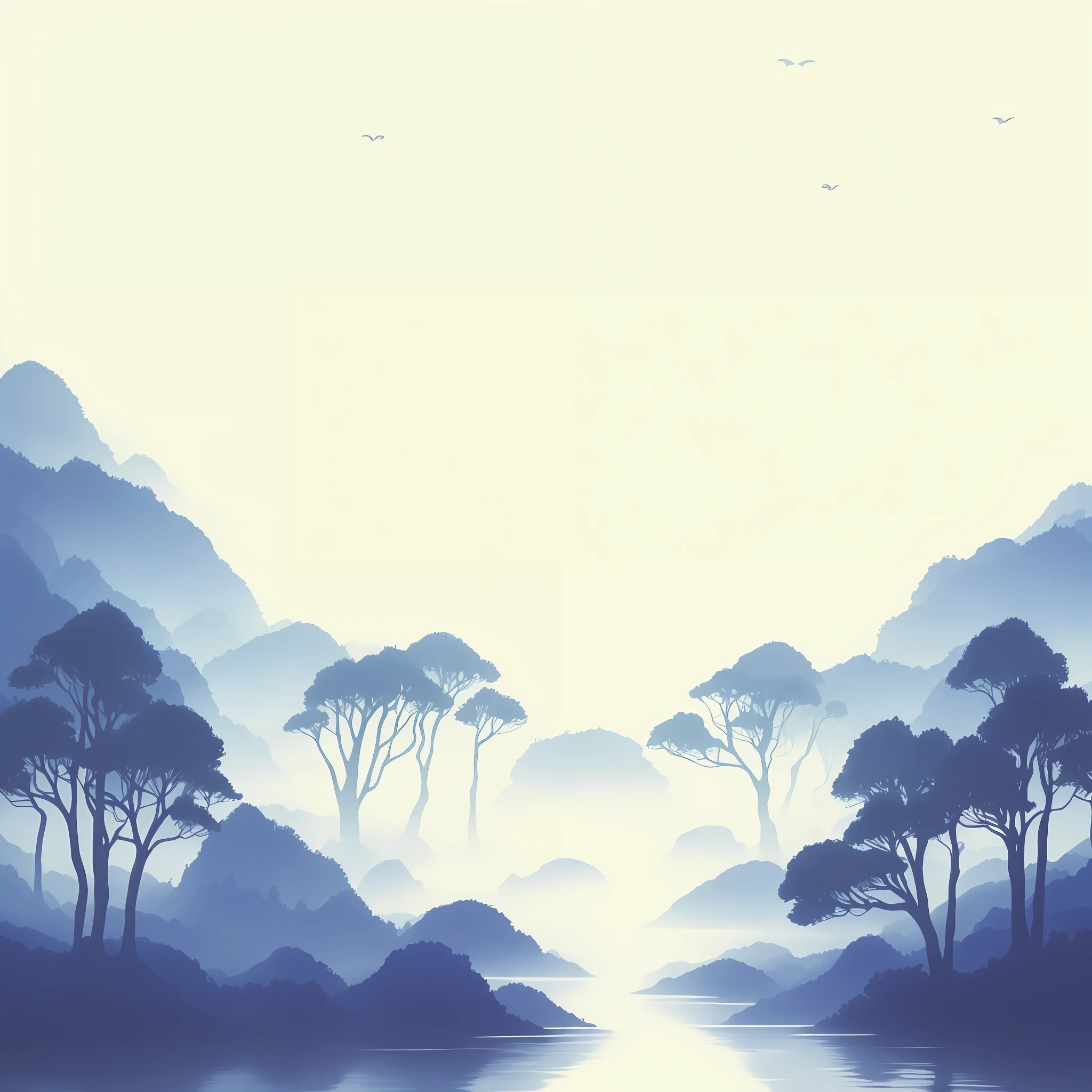 There is a picture with a beautiful scenery of the lake, soft forest background, sky forest background, Detailed scenery —width 672, the background is misty, Blue Forest, distant village background, fairy tale style background, misty background, Mysterious blue mist, velly distant forest, Landscape illustration, Blue fog, misty environment, ethereal landscape, Anime landscape