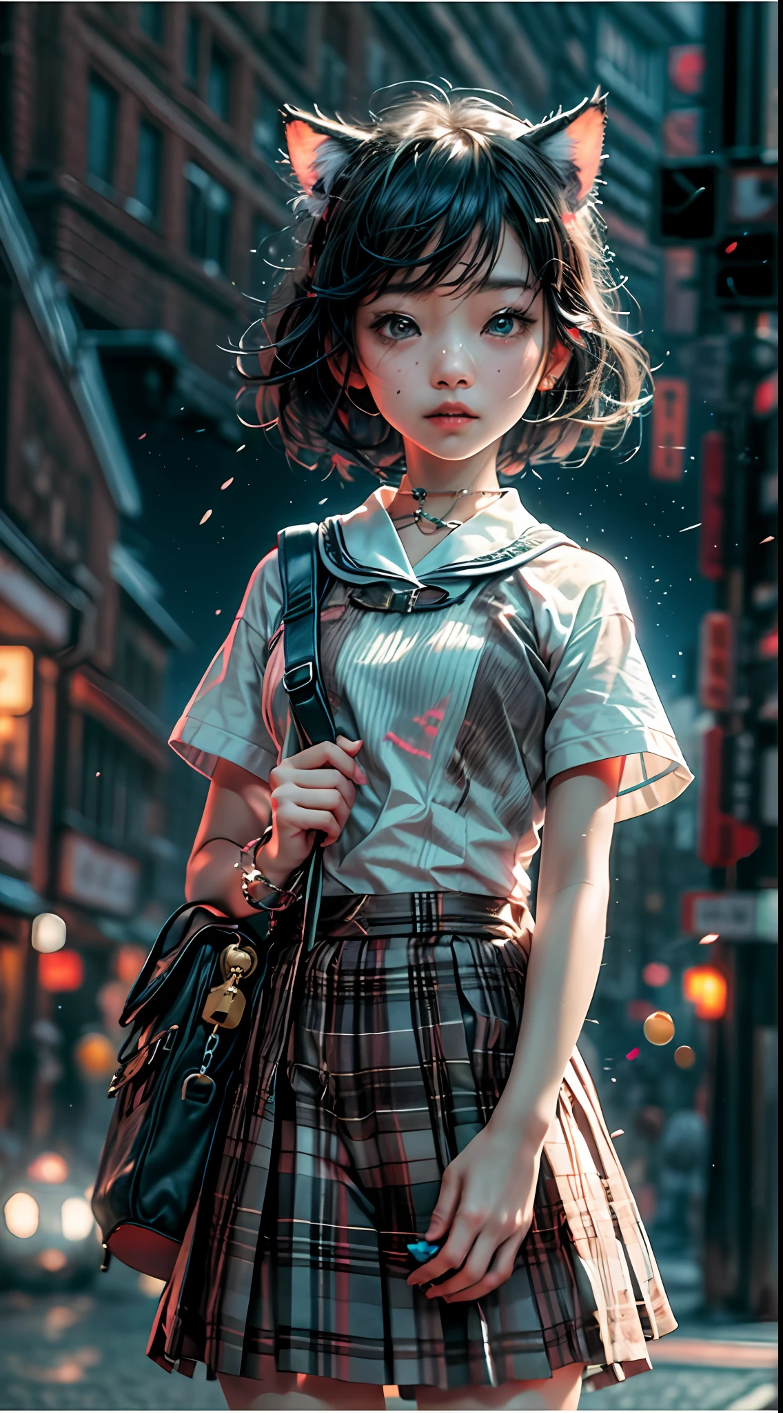 (masterpiece, high resolution, photo-realistic:1.4), Japanese schoolgirl, (traditional sailor uniform:1.2) with (pleated skirt:1.1), (short black hair:1.2) neatly tied, (innocent brown eyes:1.1) glancing back, (school backpack:1.2) slung over her shoulder, (soft moonlight:1.2) bathing the scene, (gentle breeze:1.1) rustling cherry blossom trees, (illuminated lanterns:1.2) lining the narrow street, (cobblestone path:1.1) beneath her feet, (cute mascot keychain:1.1) dangling from her bag, (playful stray cat:1.2) following her, (vibrant vending machines:1.1) nearby casting colorful glows, (calm suburban houses:1.2) in the background, (distant city lights:1.1) painting the skyline, DSLR camera model: Fujifilm X-T4, lens: Fujinon XF 35mm f/1.4 R, Cinematic, Hyper-detailed, insane details, Beautifully color graded, Unreal Engine, DOF, Super-Resolution, Megapixel, Cinematic Lightning, Anti-Aliasing, FKAA, TXAA, RTX, SSAO, Post Processing, Post Production, Tone Mapping, CGI, VFX, SFX, Insanely detailed and intricate, Hyper maximalist, Hyper realistic, Volumetric, Photorealistic, ultra photoreal, ultra-detailed, intricate details, 8K, Super detailed, Full color, Volumetric lightning, HDR, Realistic, Unreal Engine, 16K, Sharp focus, octane render --v testp