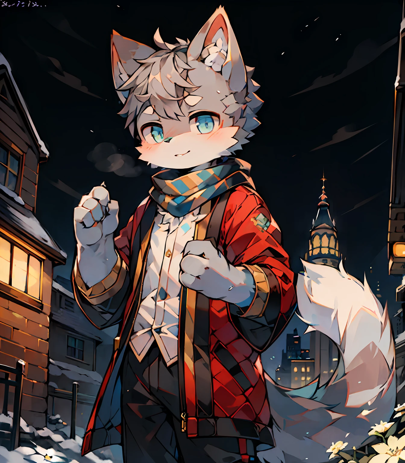 Highest image quality，A masterpiece，Delicate hands，finely-detailed eyes，Normal eyes，Gray cat ears，furry，Gray hair，adolable，Handsome，（（White scarf）），Cat style，Shota， Blue pupil, city night scene, Gray hair, By bangs，Dappled light and shadow, short detailed hair，ember，There are bright eyes of God, 城市，winter background，2022，Outfit in black，独奏，New Year，Melon seed face，snowflower，rcasual