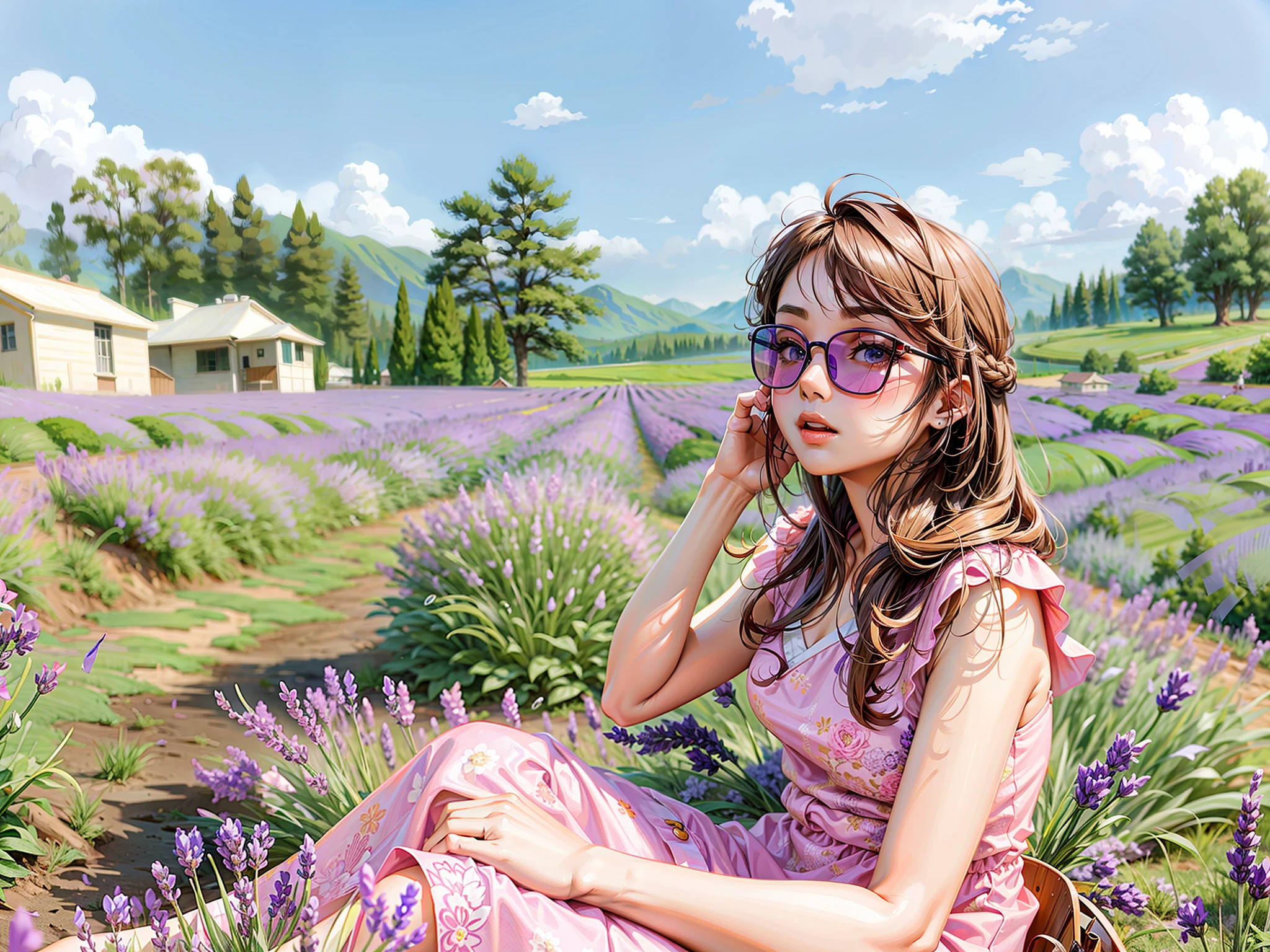 pretty chinese woman sitting in a field of lavender wearing sunglasses, she is sexy and tall and slim and has long brown hair, wearing a pink sleeveless dress, girl sitting in a lavender field, girl in a lavender field, portrait of girl in lavender field, girl frontal in a flower field, girl in a lavender field, lavender fields in full bloom