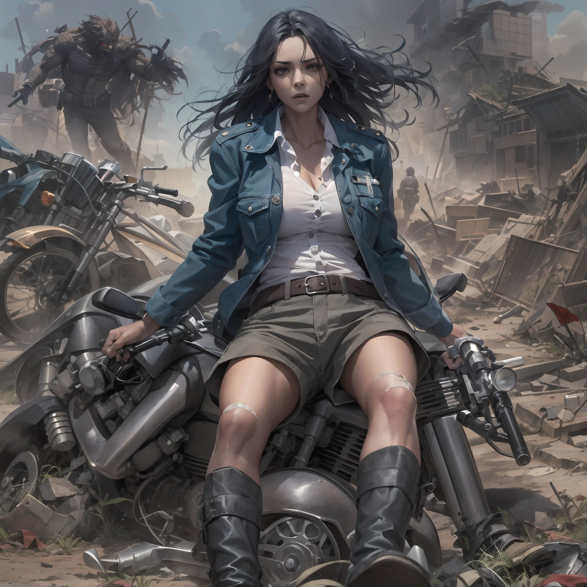 NSFW. An epic war scene, where a fearless woman with long blue hair riding a Harley Davidson-style motorcycle on a damaged road is the center of attention. Ela usa uma camisa regata branca rasgada quase mostrando os seios, manchada de sangue, and a pair of pants worn with a military color scheme. The expression on the woman's face reveals her courage, but also a hint of fear. She is loaded with ammunition belts and a pistol in her thigh, pronta para lutar. Ao fundo, The scenery is chaotic, with gunshots and bodies strewn across the ground. Menacing monsters complete the gloomy landscape. A vista frontal captura toda a grandiosidade desse momento, allowing the observer to appreciate the woman's determination and the frightening context of the war.