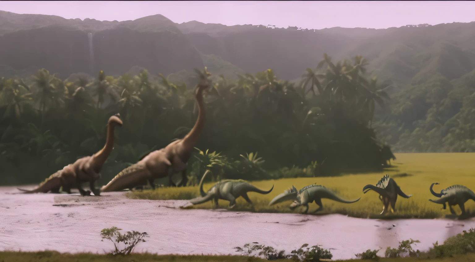 There are many dinosaurs that are walking on water, In the film Jurassic Park, De Jurassic World (2015), Jurassic Park, Jurassic image, Braquiossauro, Grandes criaturas ao longe, jurassic world, dinossauros, Filme hiperreal filmado, filme muito realista ainda, jurassic, Captura de filme widescreen, Cinematic Still Shot, dinossauros